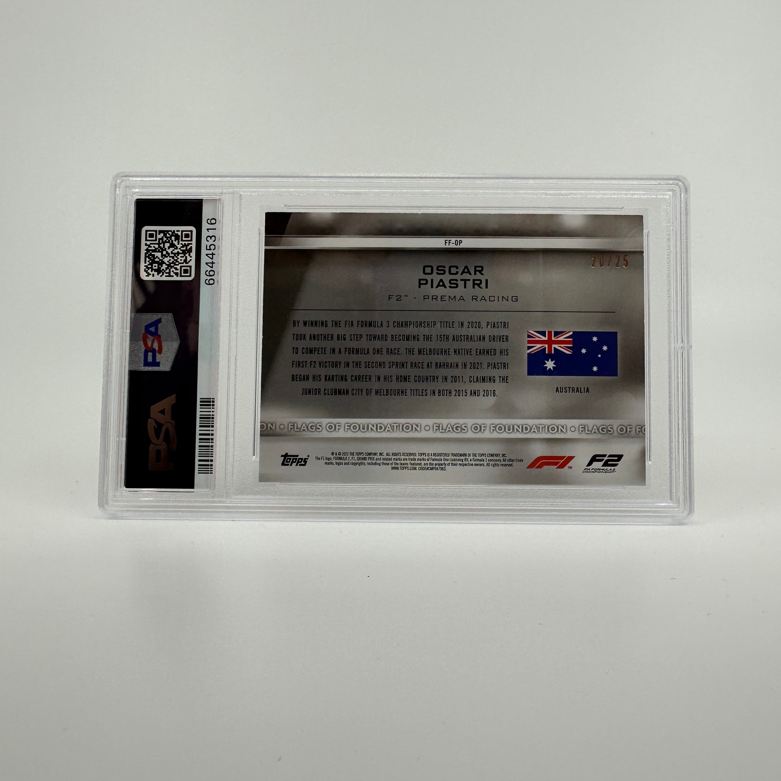 PSA 9 Oscar Piastri Flags Of Foundation #FF OP Orange Parallel 20/25 - Rare Trading Card for Collectors & Sports Memorabilia Enthusiasts