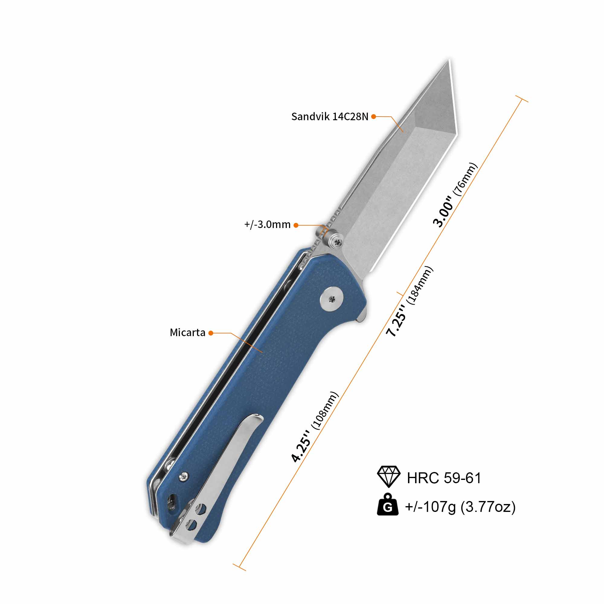 QSP Grebe T Button Lock Pocket Knife - 14C28N Stainless Steel Blade, Blue Micarta Handle - EDC Folding Knife for Camping, Hiking & Outdoor Adventures