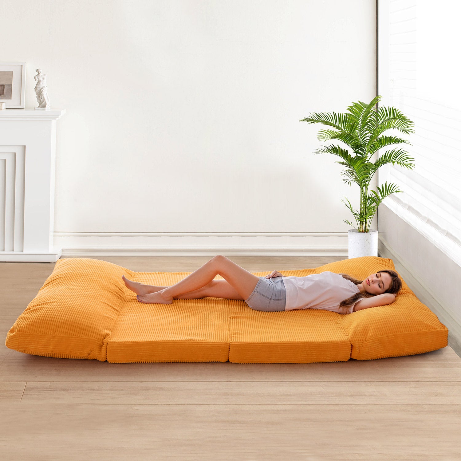 MAXYOYO Bean Bag Sofa Bed - Foldable Corduroy Floor Sofa with Washable Cover in Orange | Perfect for Living Room, Bedroom, Dorm & Game Room Relaxation