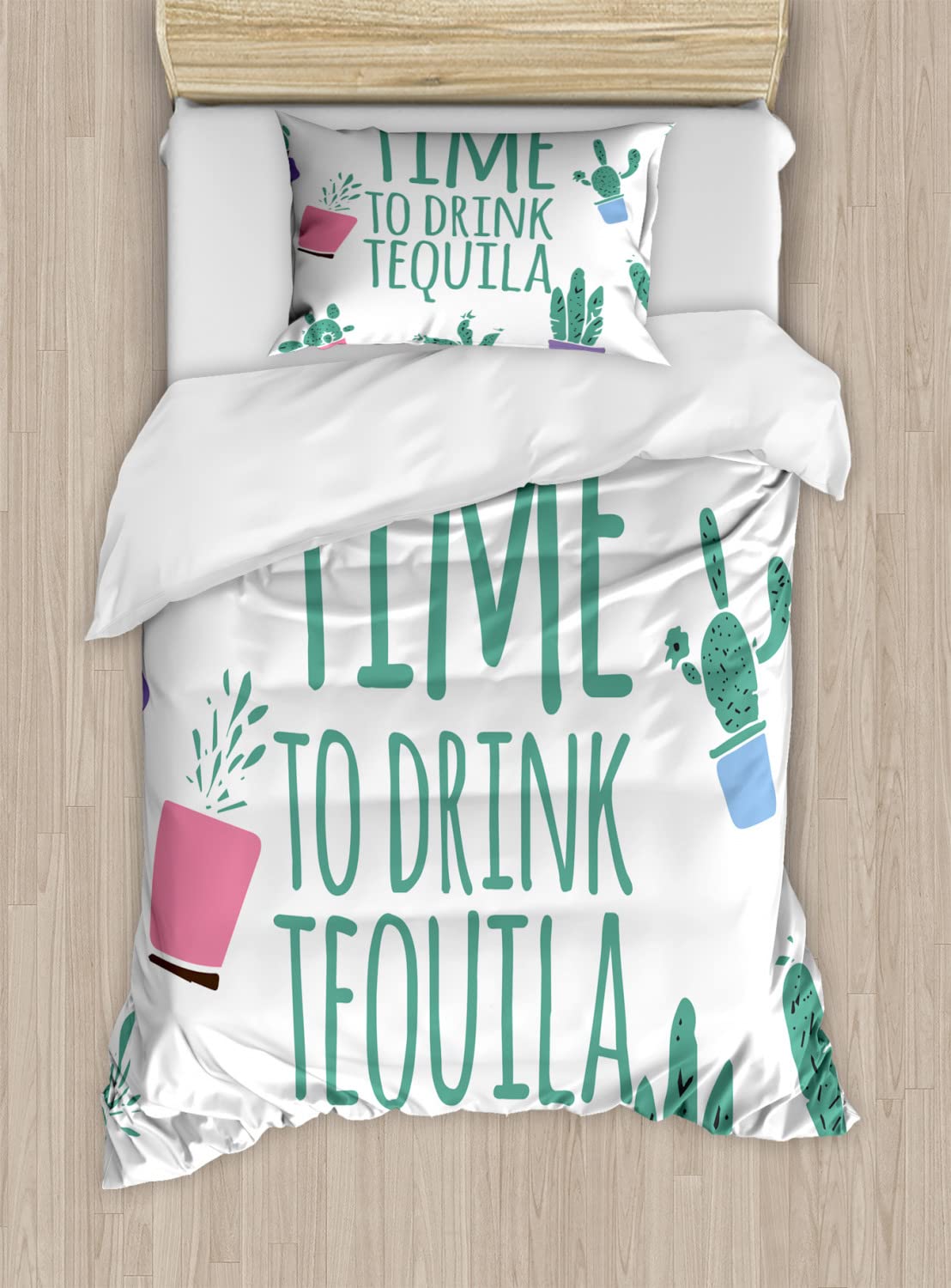 Ambesonne Tequila Duvet Cover Set - 2 Pack Twin Size with 2 Pillowcases, Cactus Design in Sea Green & Multicolor | Perfect for Tequila Lovers & Southwestern Bedroom Decor