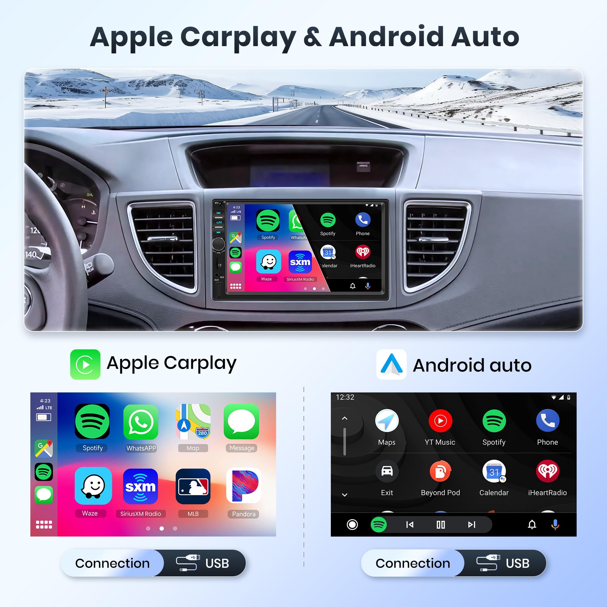 Rimoody 7 Inch Double Din Car Stereo with Apple CarPlay & Android Auto - 2 Din Touch Screen Car Radio with Mirror Link, Bluetooth, FM, HD Backup Camera, Fast Charging, Dual USB & AUX - Perfect for Road Trips & Daily Commutes
