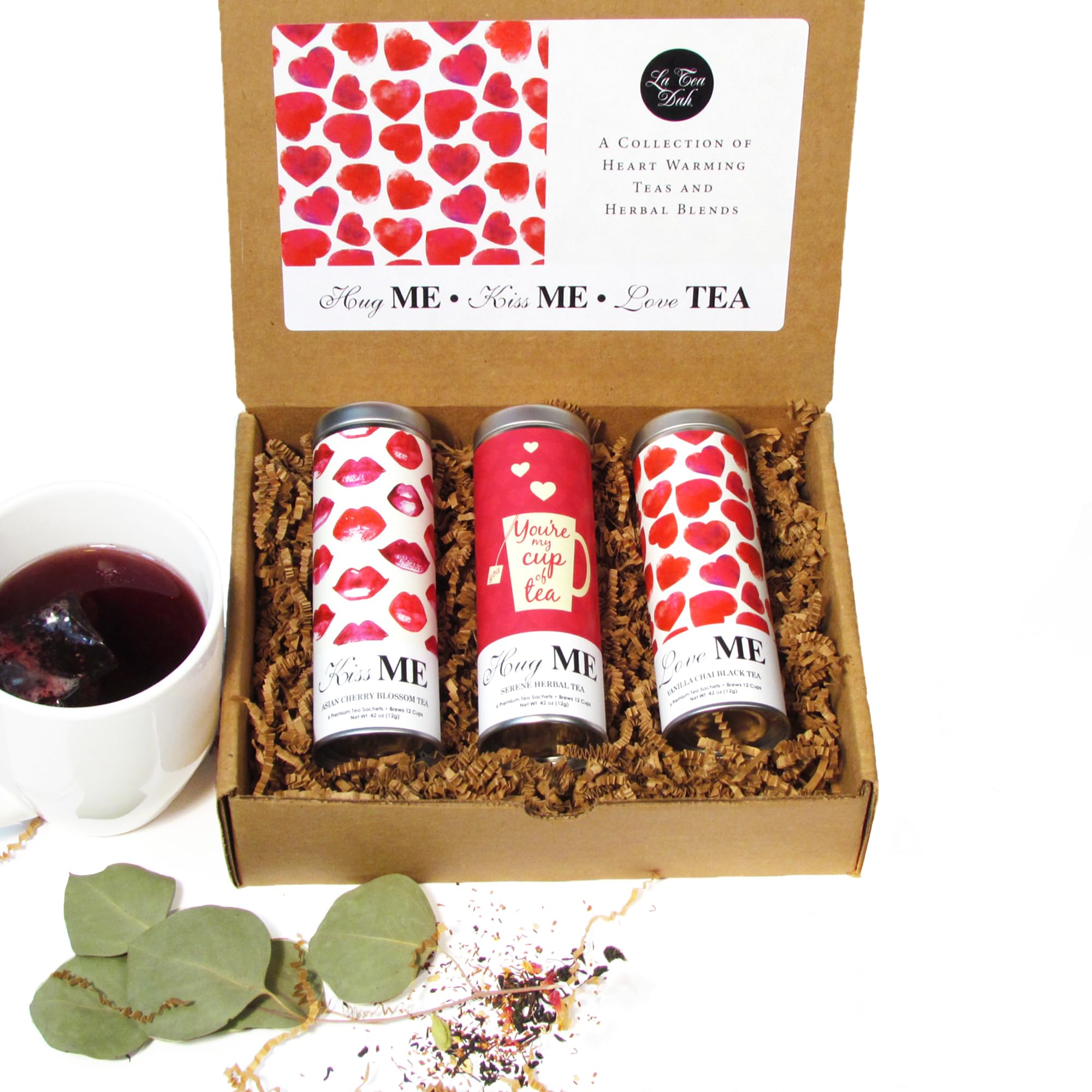 La Tea Dah Hugs and Kisses Tea Gift Basket - Premium Tea Assortment Set with 3 Specialty Flavors in Valentine Gift Box | Birthday Gift for Women, Her, Mom, Wife | Perfect for Valentine's Day, Mother's Day, Anniversary & Tea Lovers