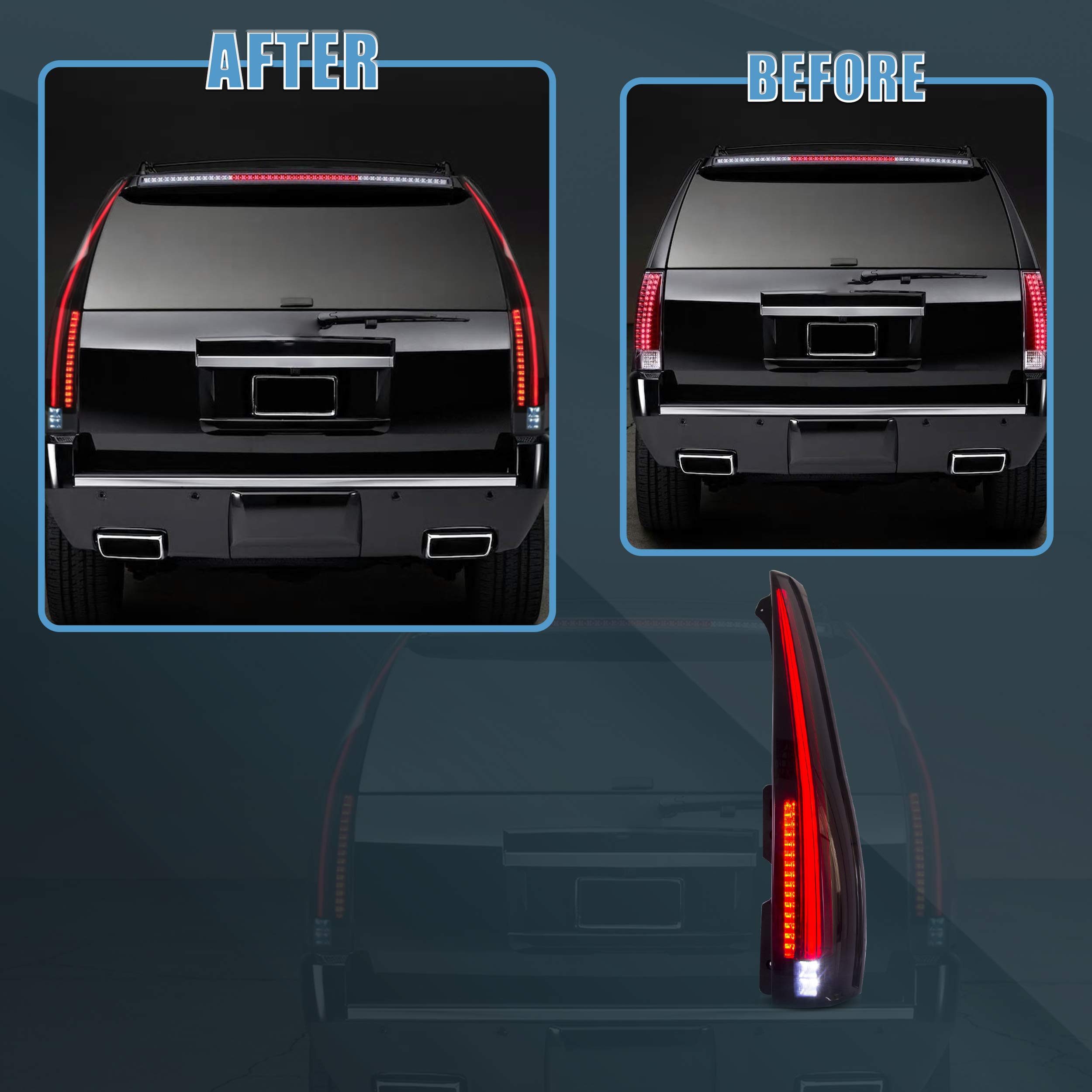 VLAND LED Tail Lights Assembly for 2007-2014 Cadillac Escalade & Escalade ESV - Smoked Lens, Red Turn Signal, 6 Hole 5 Pin Plug, Plug & Play (Not Compatible with GMC/Chevrolet) - Upgrade Your SUV's Style & Night Visibility