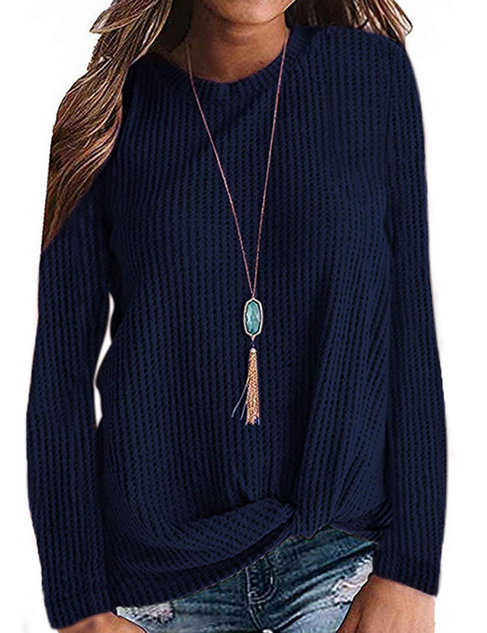 MISFAY Women's Casual Long Sleeve Knit Top with Twist Knot Detail - Soft Waffle Texture Shirt for Everyday Wear, Office, and Date Nights