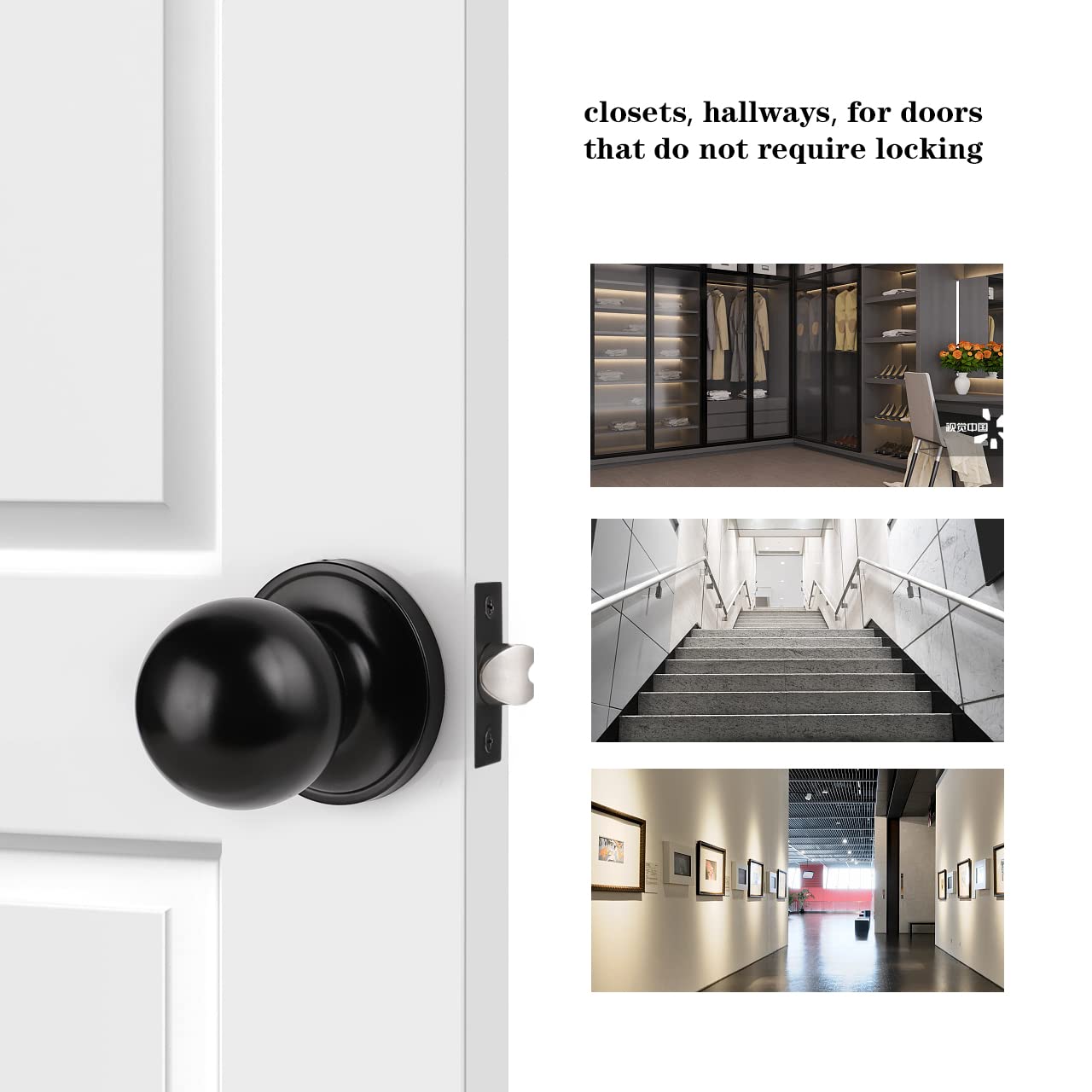 Probrico Black Round Ball Passage Door Knob - Keyless Non-Locking Interior Door Handle for Hallway & Closet (1 Pack) - Perfect for Bedrooms, Bathrooms & Interior Doors