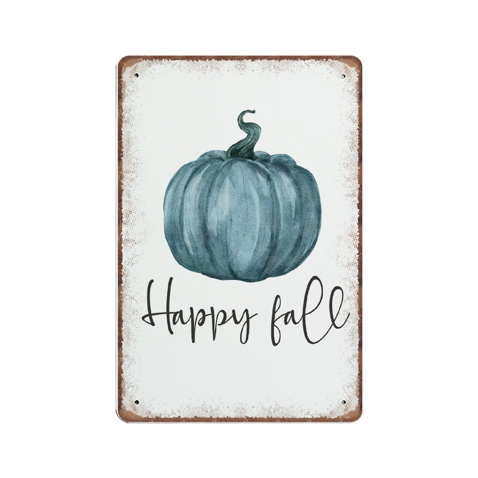 Happy Fall Tin Sign - Blue Pumpkin Vintage Metal Wall Art for Kitchen, Garden & Farmhouse Decor | 8x12 Inch Retro Autumn Decoration | Perfect for Thanksgiving, Halloween & Seasonal Home Décor