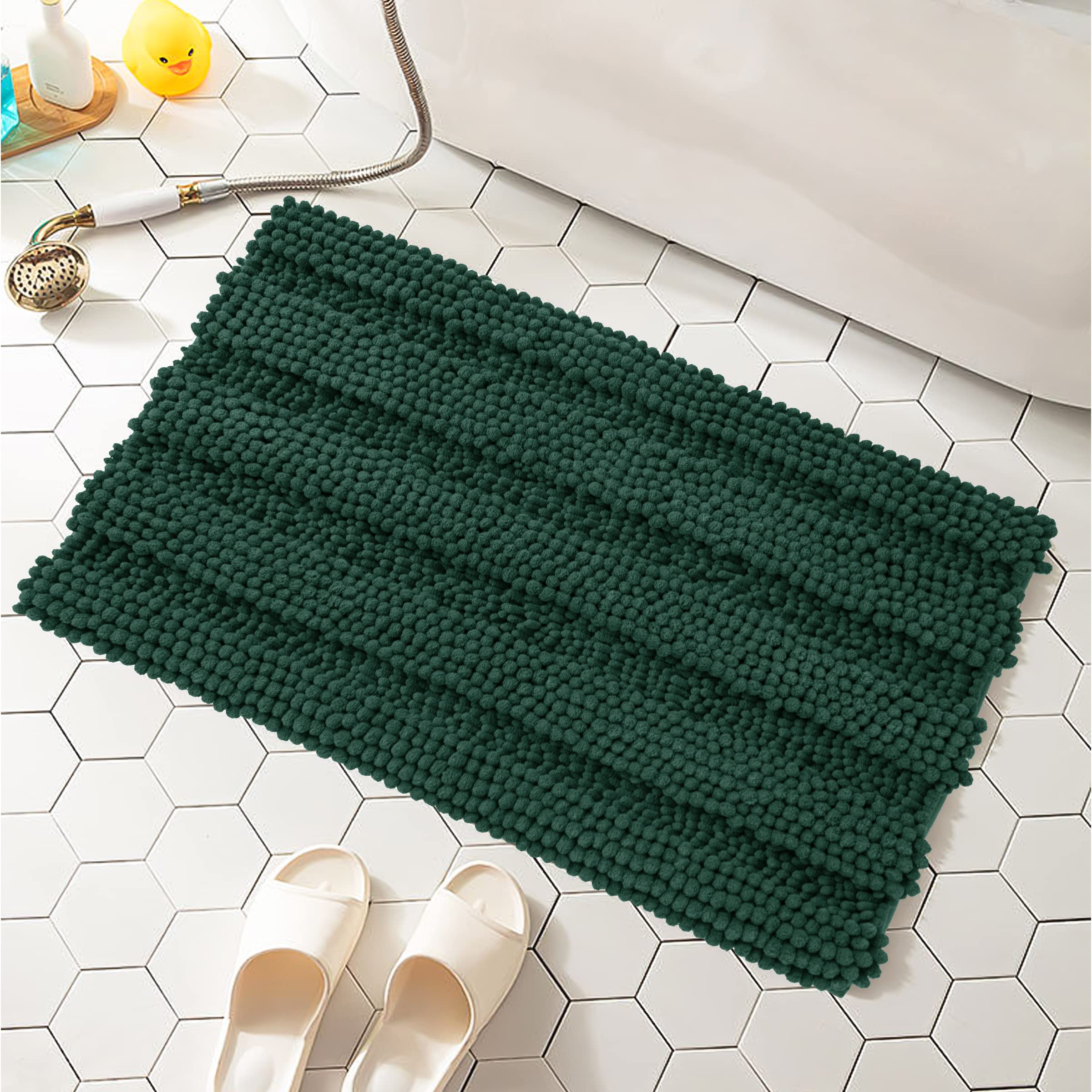 SUBRTEX Chenille Bath Rug - Soft Plush Striped Bath Mat for Bathroom, Water Absorbent & Quick Dry Shower Mat, Machine Washable (Green, 16x24 Inches) - Perfect for Bathroom, Shower & Vanity Areas