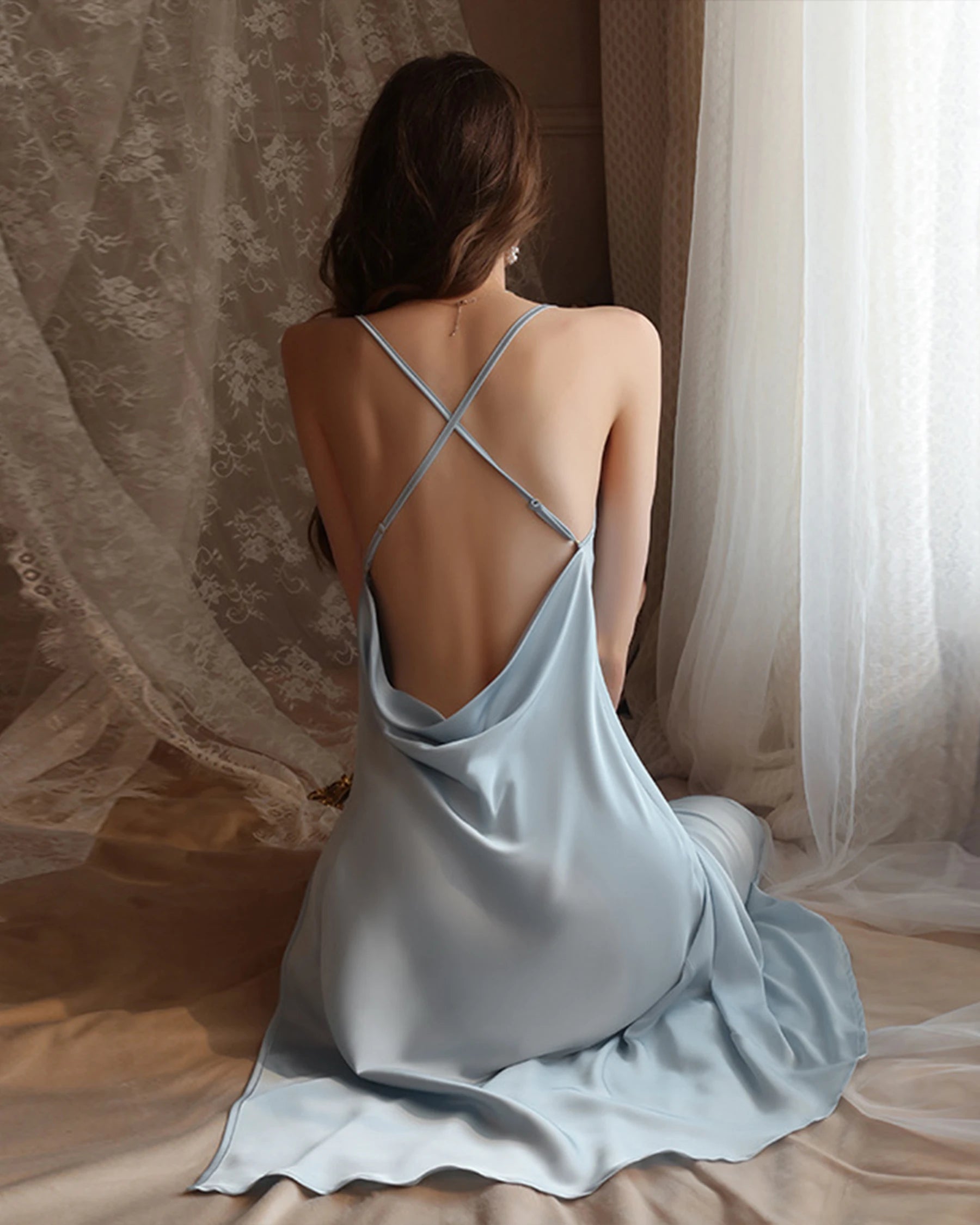 Elegant High Slit Backless Midi Silk Nightdress - Luxury Sleepwear for Women | Perfect for Romantic Evenings & Bridal Lingerie