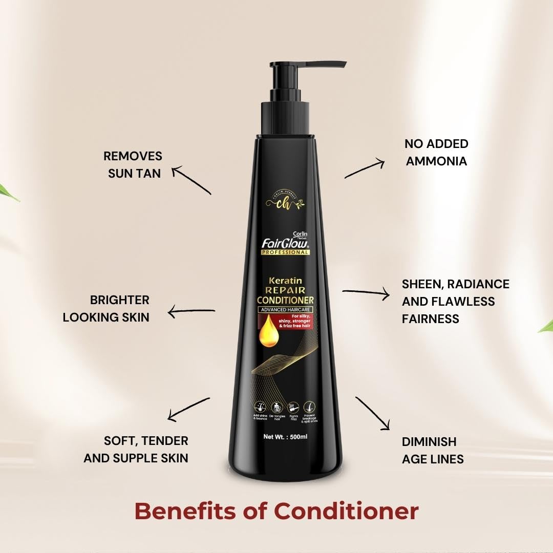 Corlin Fair Glow Keratin Repair Conditioner 500ml - Deep Moisturizing for Silky, Shiny, Stronger & Frizz-Free Hair | Salon-Quality Hair Treatment for Damaged & Dry Hair at Home