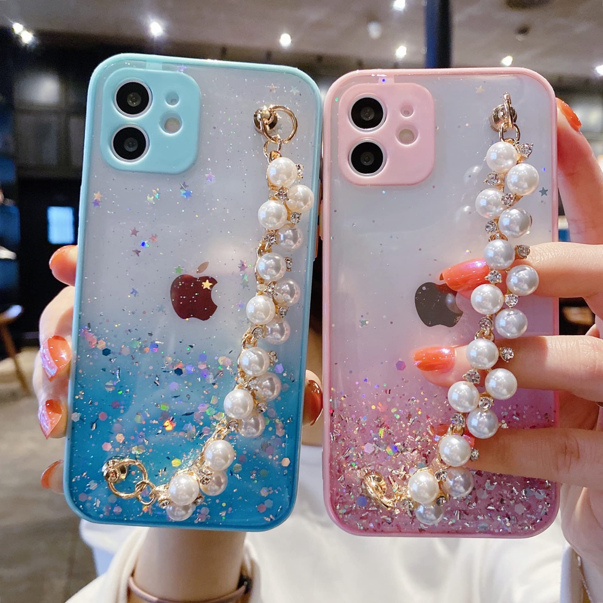 Sparkly Glitter Clear Phone Case for iPhone 13 Pro Max - Cute Bling Star Design with Pearl Chain Bracelet Strap, Soft TPU Shockproof Protective Cover (Pink) - Perfect Gift for Women & Girls, Great for Parties, Daily Use & Fashion Accessories