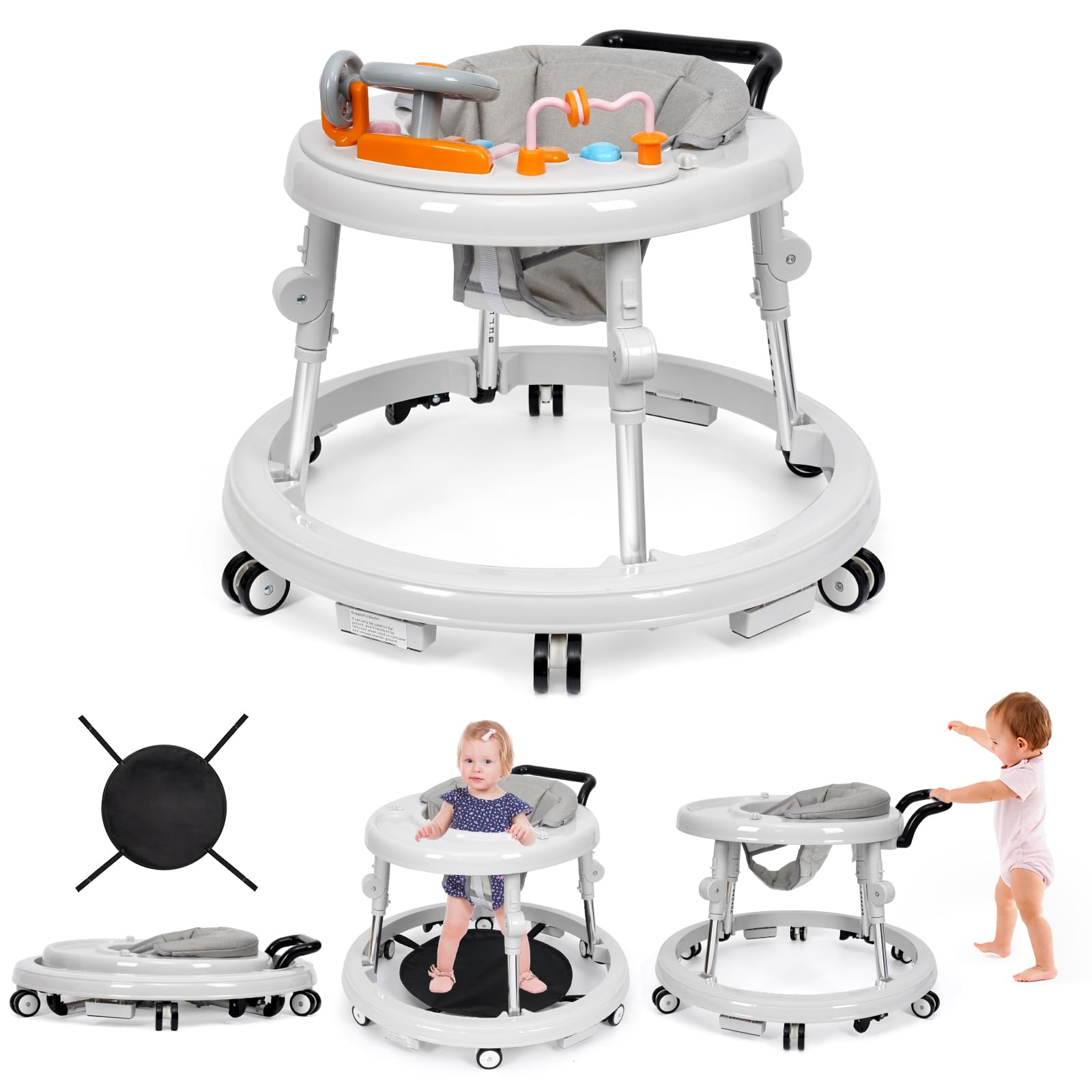 Foldable Baby Walker with Music & Lights - 9 Adjustable Heights, Wheels & Activity Center for Boys & Girls 7-18 Months (White) | Portable Learning Walker for First Steps & Indoor Play