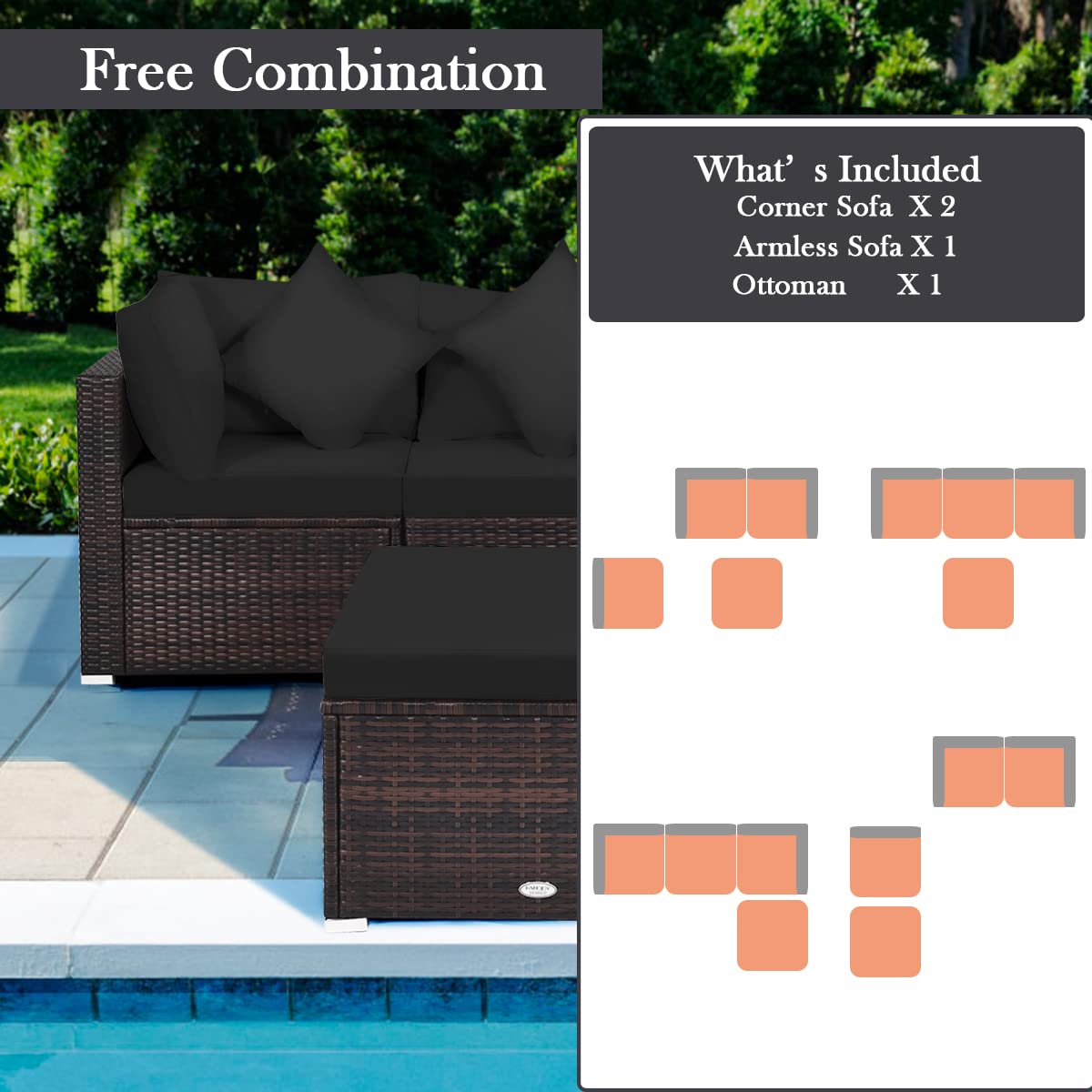 Tangkula 4-Piece Patio Rattan Sofa Set - Outdoor Wicker Sectional Furniture with Removable Cushions & Pillows - Black Garden Conversation Set for Backyard, Porch, Poolside, Balcony & Patio Decor