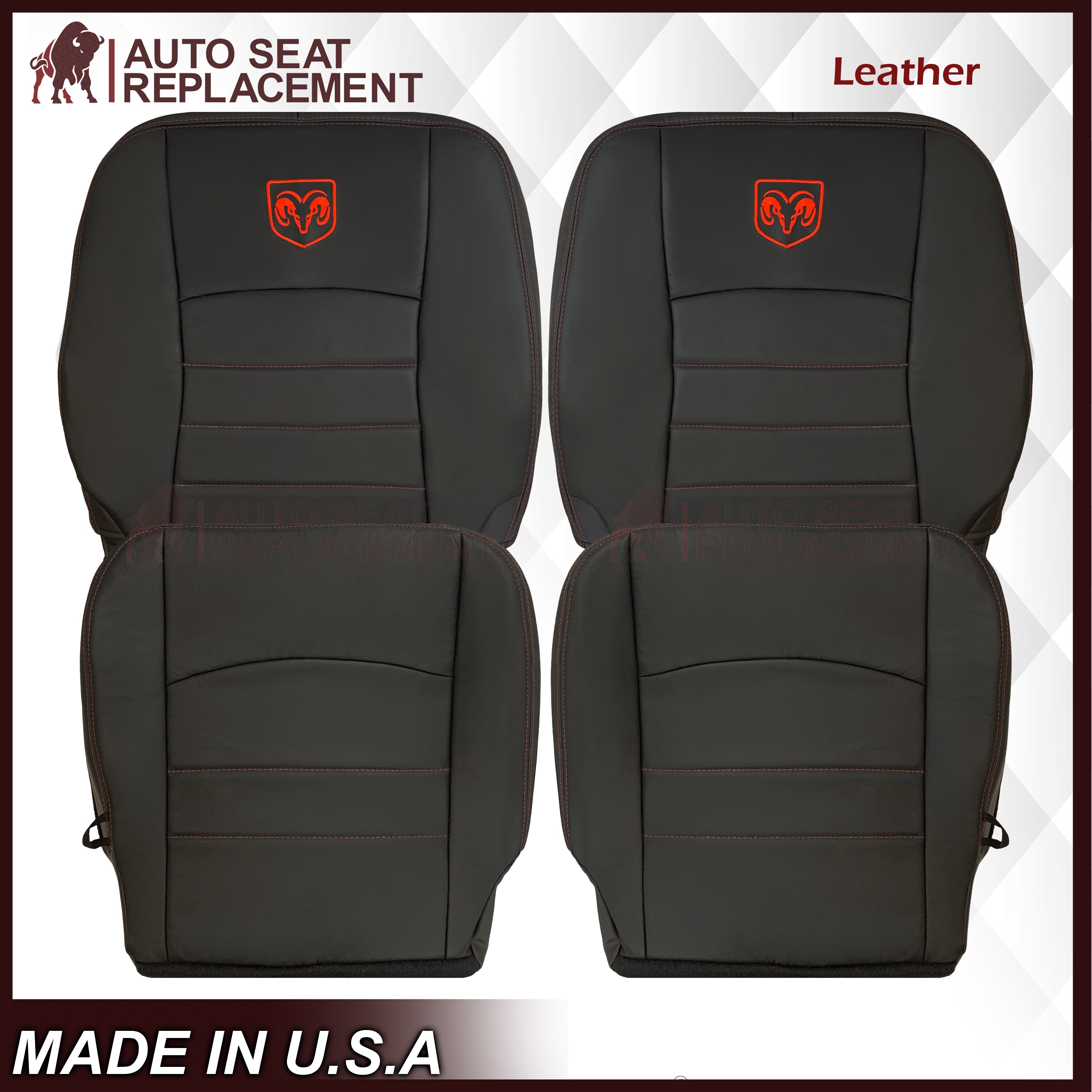 2009-2012 Dodge Ram 1500 2500 3500 Laramie Custom Replacement Seat Covers - Dark Slate Gray with Perforated Inserts, Red Logo & Stitching - Top/Bottom Fit - Perfect for Off-Roading & Daily Driving
