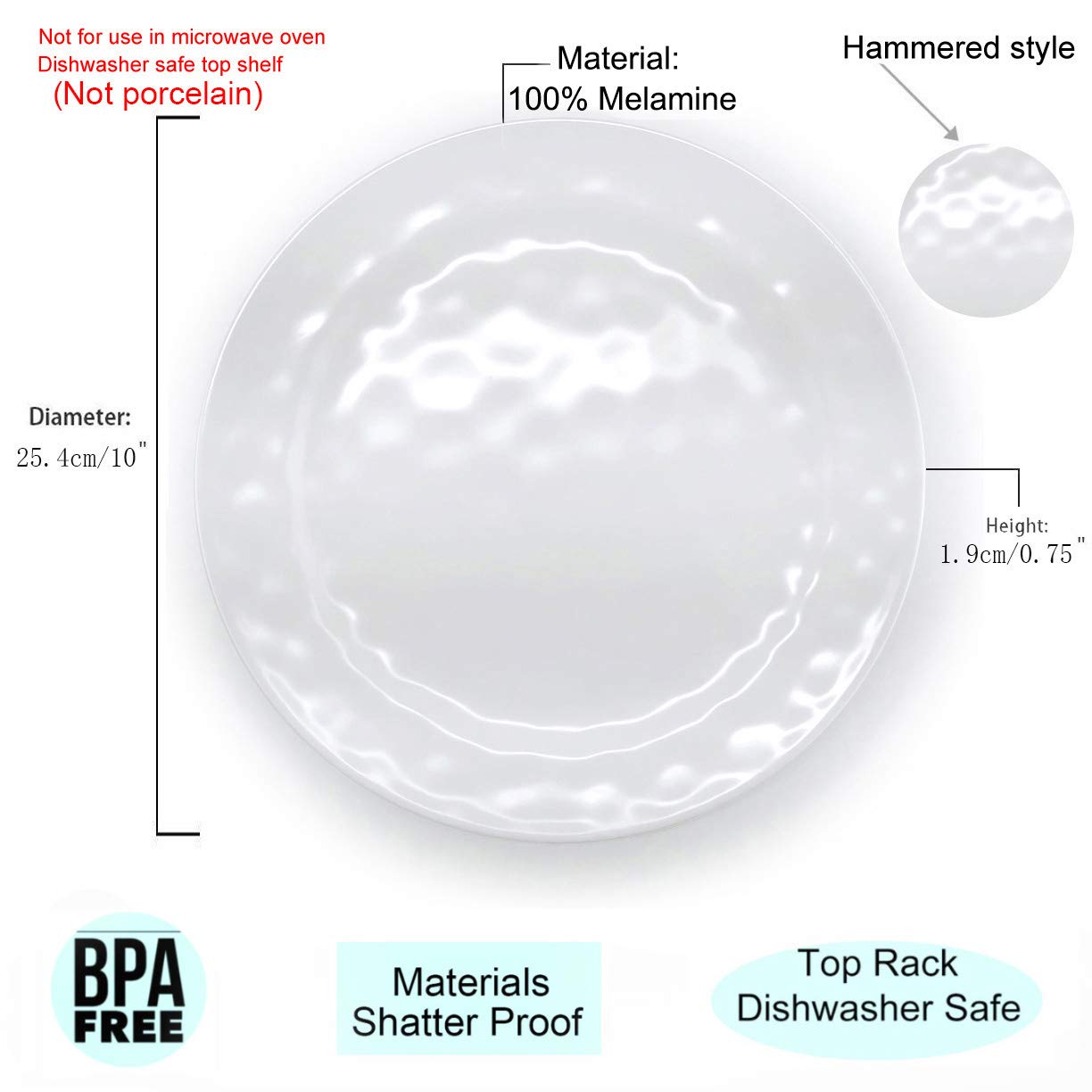 KX-WARE 12-Piece 10-Inch Melamine Dinner Plates Set - Durable, Lightweight & Shatterproof White Plates for Everyday Use - Perfect for Restaurants, Picnics & Outdoor Dining