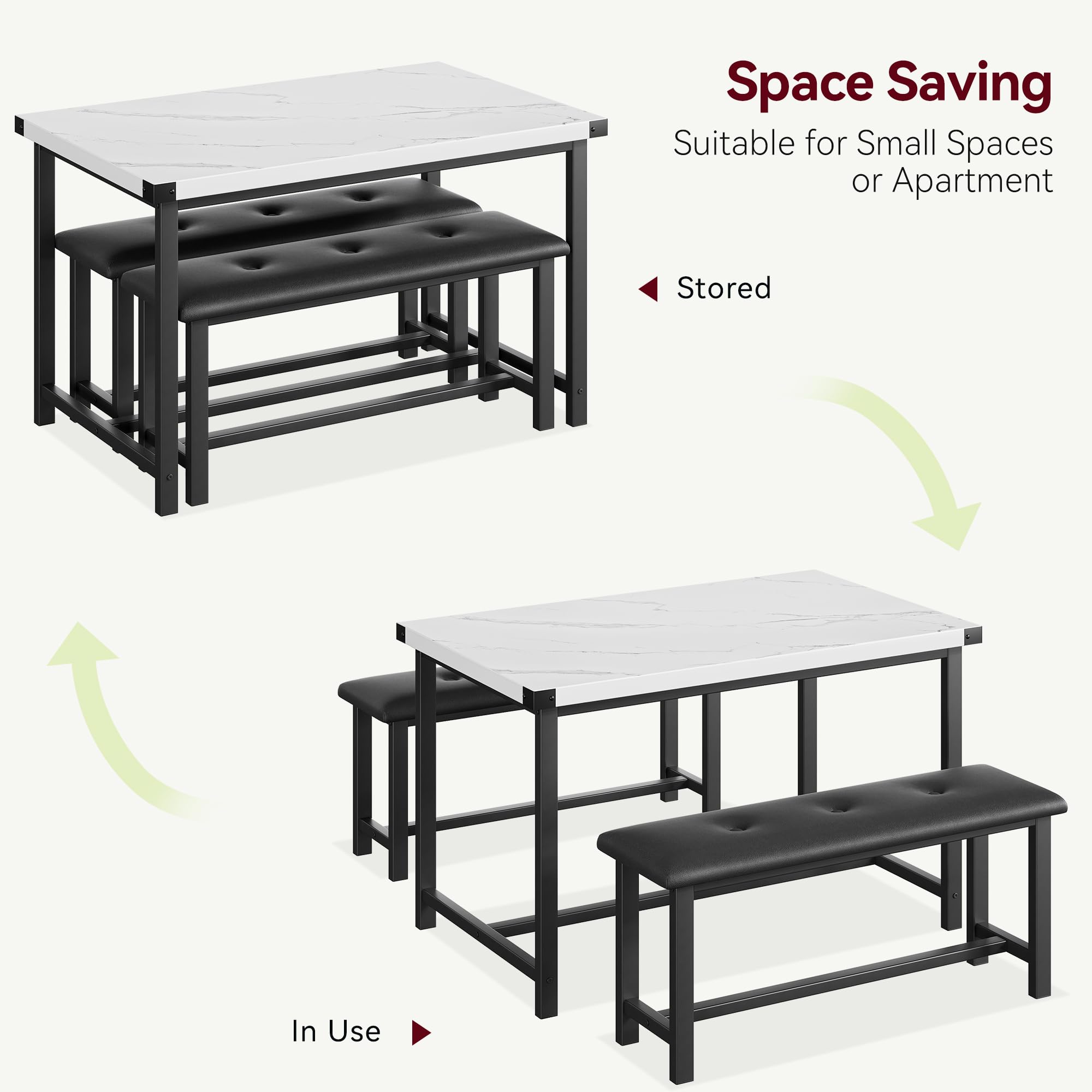 IDEALHOUSE 4-Piece Dining Table Set with 2 Upholstered Benches - White Marble Rectangular Kitchen Table for Small Spaces, Apartments & Studios | Perfect for Breakfast Nooks, Compact Dining Areas & Modern Home Decor