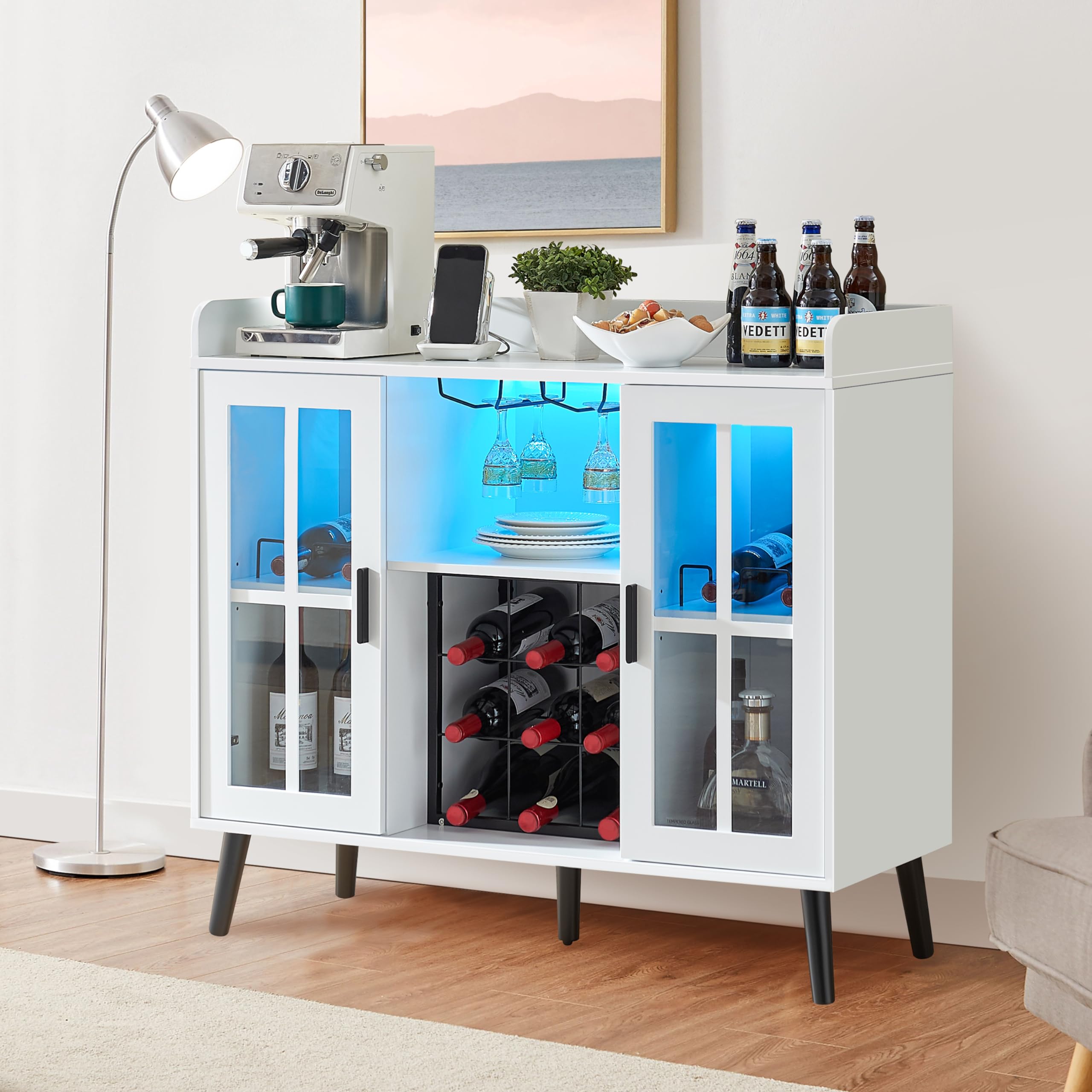 Modern White Coffee Bar Cabinet with LED Lighting - Multi-Functional Liquor & Wine Storage Cabinet with Power Outlet, Glass Holder - Kitchen Dining Room Sideboard Buffet with Ample Storage | Perfect for Home Entertaining, Small Space Solutions & Stylish Kitchen Organization