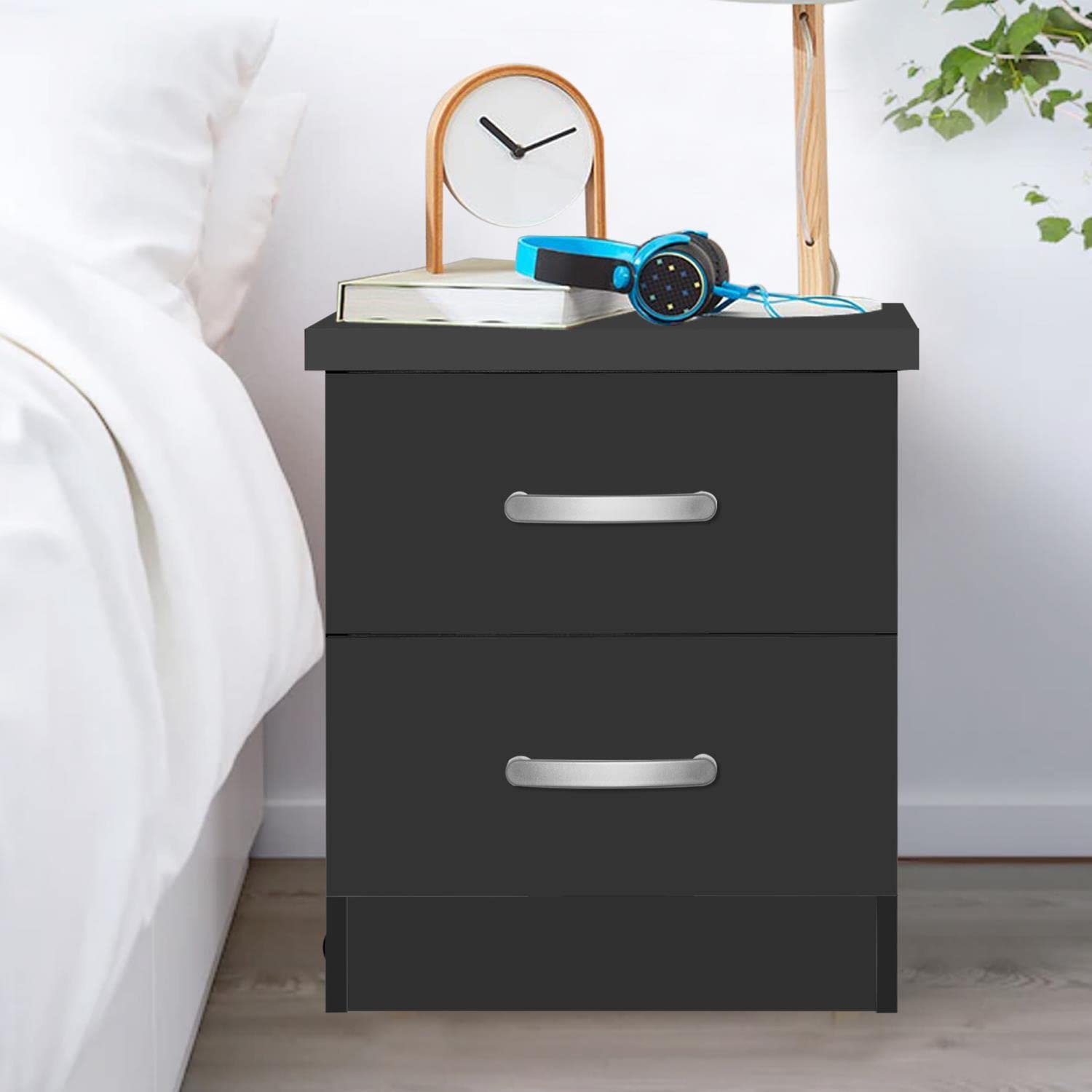 Better Home Products Night Stand with 2 Drawers - Black Wooden Bedside Table for Bedroom, Living Room & Office - Compact Storage Solution for Lamps, Books & Essentials