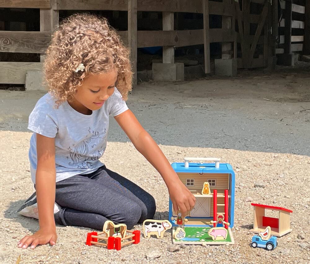 Eco-Friendly Bamboo Barnyard Suitcase Playset - 16-Piece Portable Farm Toy Set with Farmer, Animals & Tractor - Sustainable Travel Toys for Kids Ages 3+ | Perfect for Road Trips, Airplane Travel & Preschool Learning Activities