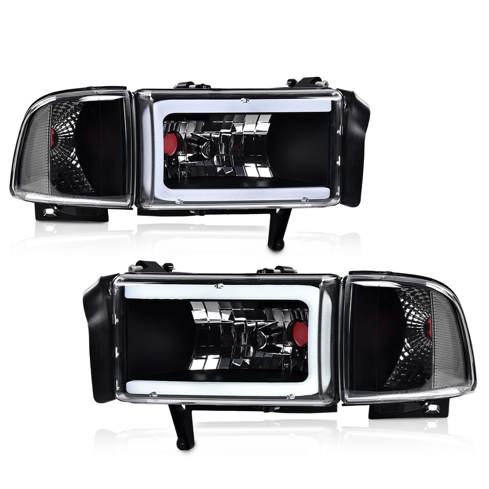 G-PLUS LED Light Strip Headlight Compatible with Dodge Ram 1500 1994-2001 & Ram 2500/3500 1994-2002 - Clear Lens, Black Housing, Clear Reflector (Bulbs Not Included) - Upgrade for Off-Roading, Night Driving & Custom Truck Lighting