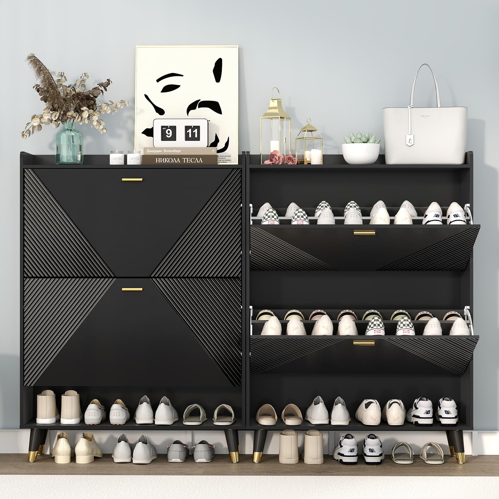 Slim Wooden Shoe Storage Cabinet with 2 Flip Drawers - Freestanding Shoe Organizer with Cubby and Shelf, Holds 24 Pairs - Hidden Narrow Shoe Rack for Entryway, Hallway, Closet, or Bedroom - Black