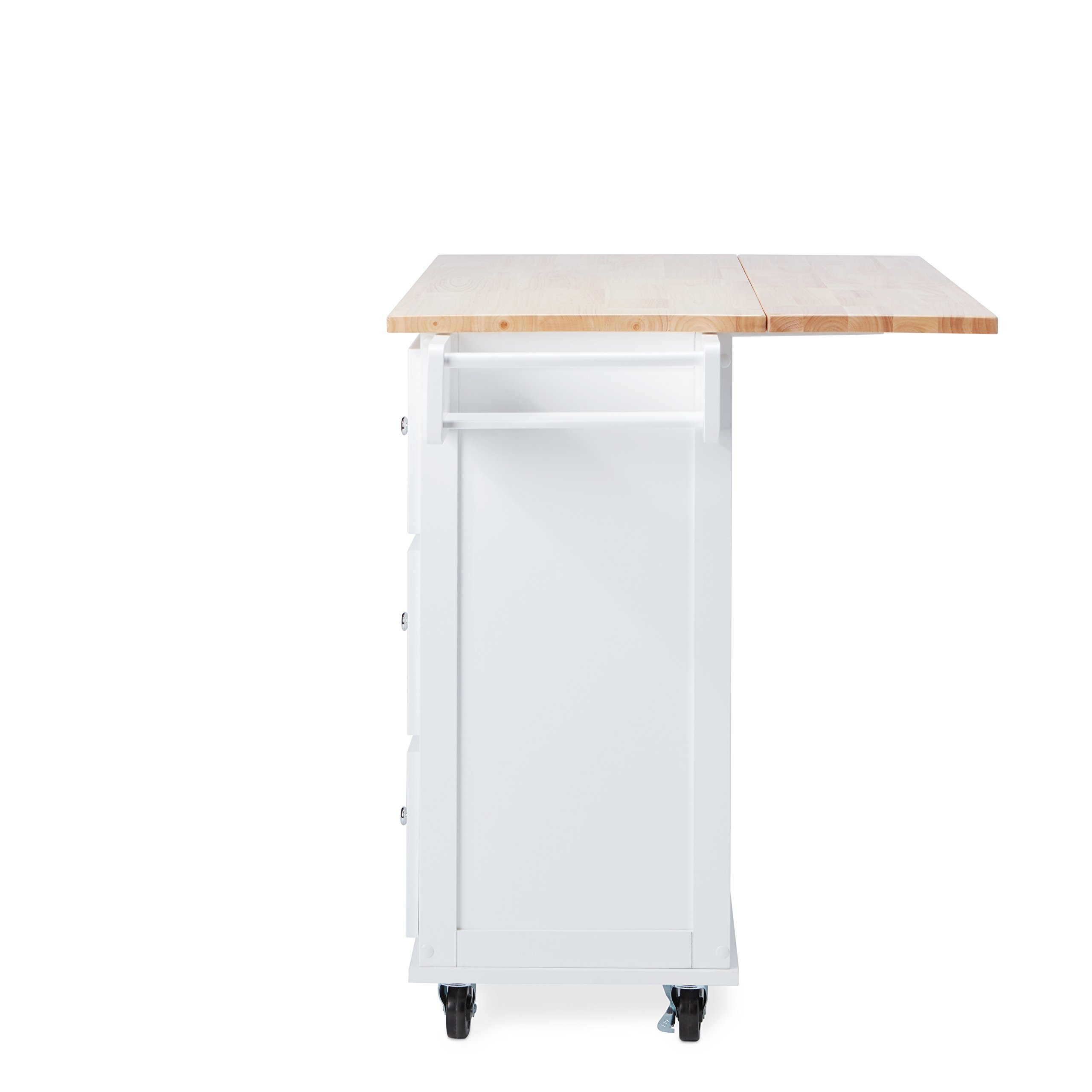 Traditional Chrome Metal 3-Drawer Drop Leaf Kitchen Cart - White/Natural Finish | Space-Saving Kitchen Island with Storage for Small Apartments & Dining Areas