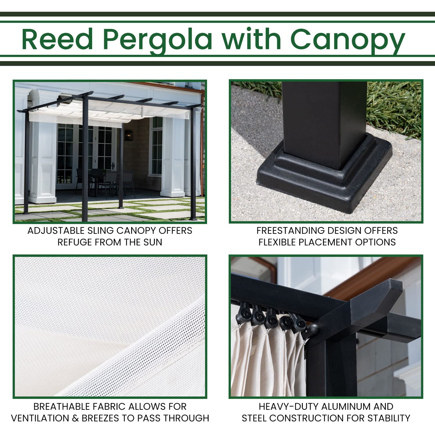 Hanover Reed 9.8' x 9.8' Outdoor Pergola with Adjustable Canopy - Weather Resistant Aluminum Steel Patio Gazebo for Backyard, Garden & Poolside Relaxation