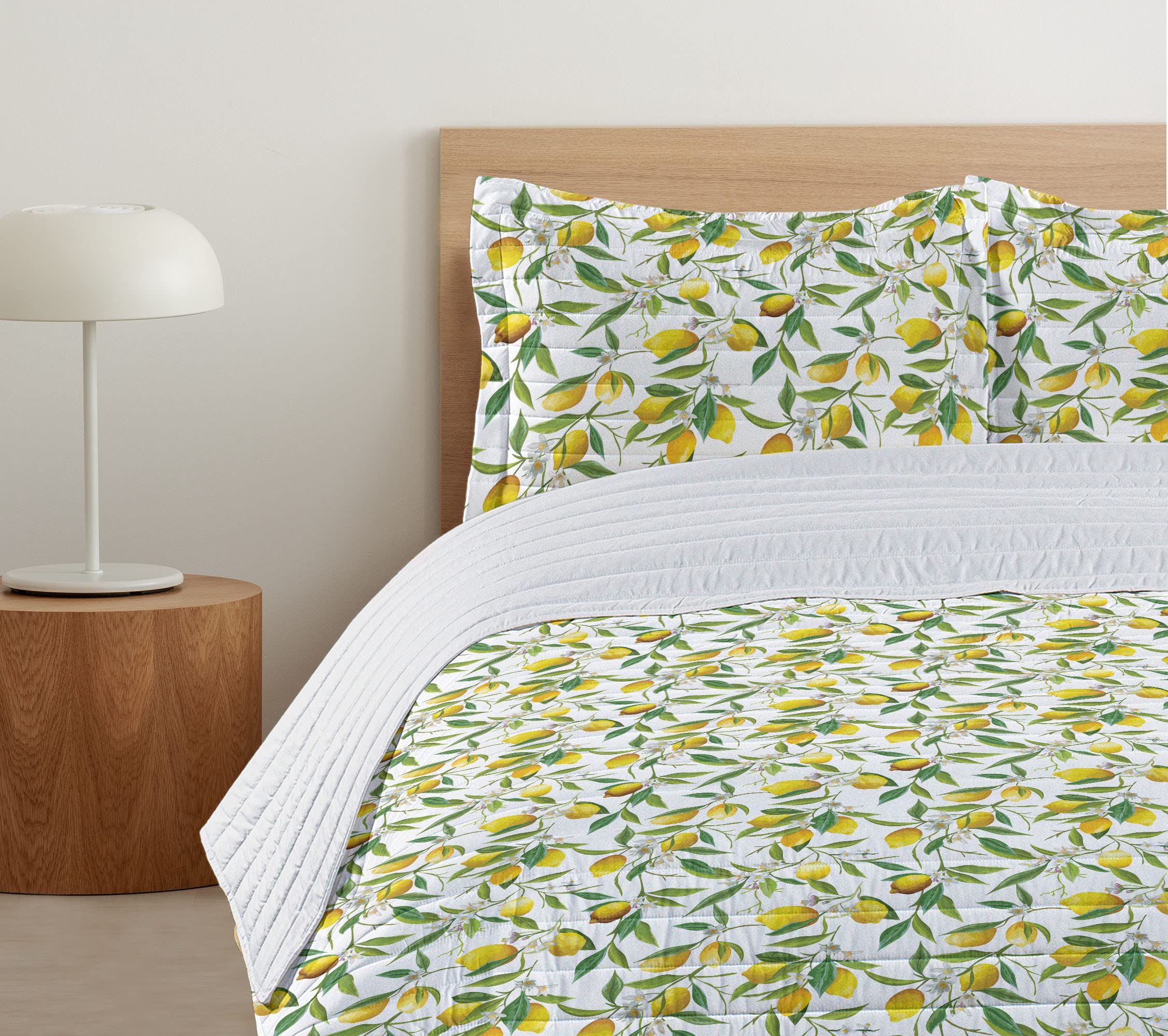 Ambesonne Queen Size Microfiber Bedspread Set - Flowering Lemon & Citrus Print, Soft Bedding with Pillow Shams & Comforter in Fern Green, Yellow & White | Nature-Inspired Bedroom Decor for Spring & Summer Refresh