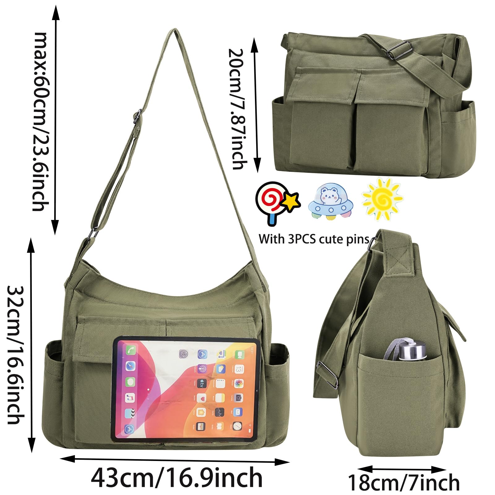 Stylish Canvas Messenger Bag for Women & Men - Large Hobo Tote Crossbody Shoulder Bag with Multiple Pockets | Perfect for Work, Travel & Daily Commute