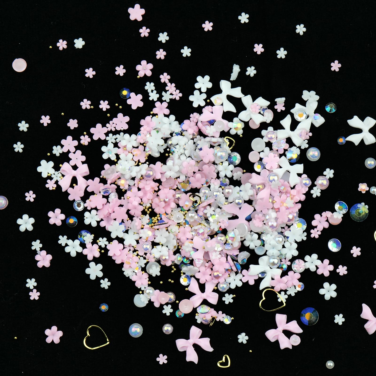CESUSME 3D Flower Bows Nail Charms - Pink White Bowknot Flowers & Golden Round Beads for Nail Art DIY - Perfect for Junk Case, Manicure, Salon, and Party Nail Designs