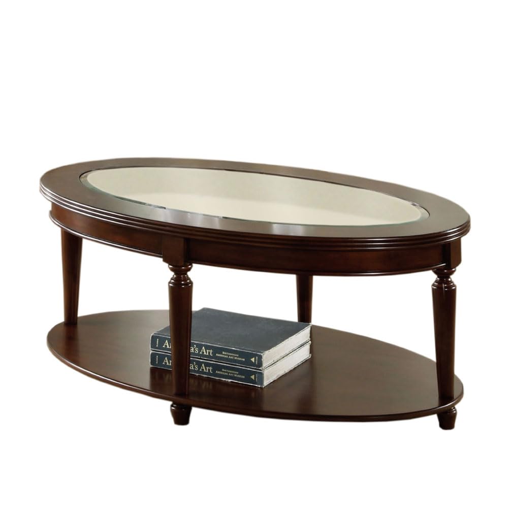 Furniture of America Claire Traditional Oval Coffee Table with Tempered Glass Top & Storage Shelf - Dark Cherry Finish for Living Room, Lounge, or Office