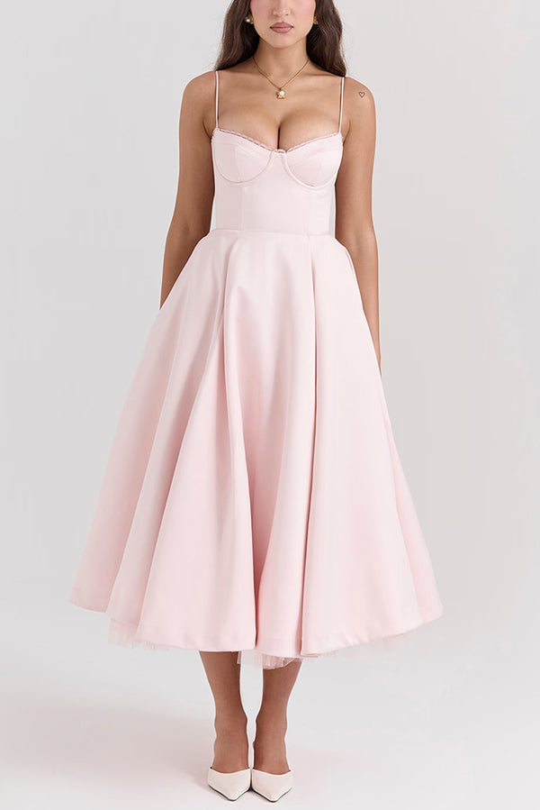 Fairytale Vibe Satin Patchwork Tulle Sweetheart Neck Pocket Stretch Midi Dress for Women | Elegant Party, Wedding Guest & Date Night Outfit