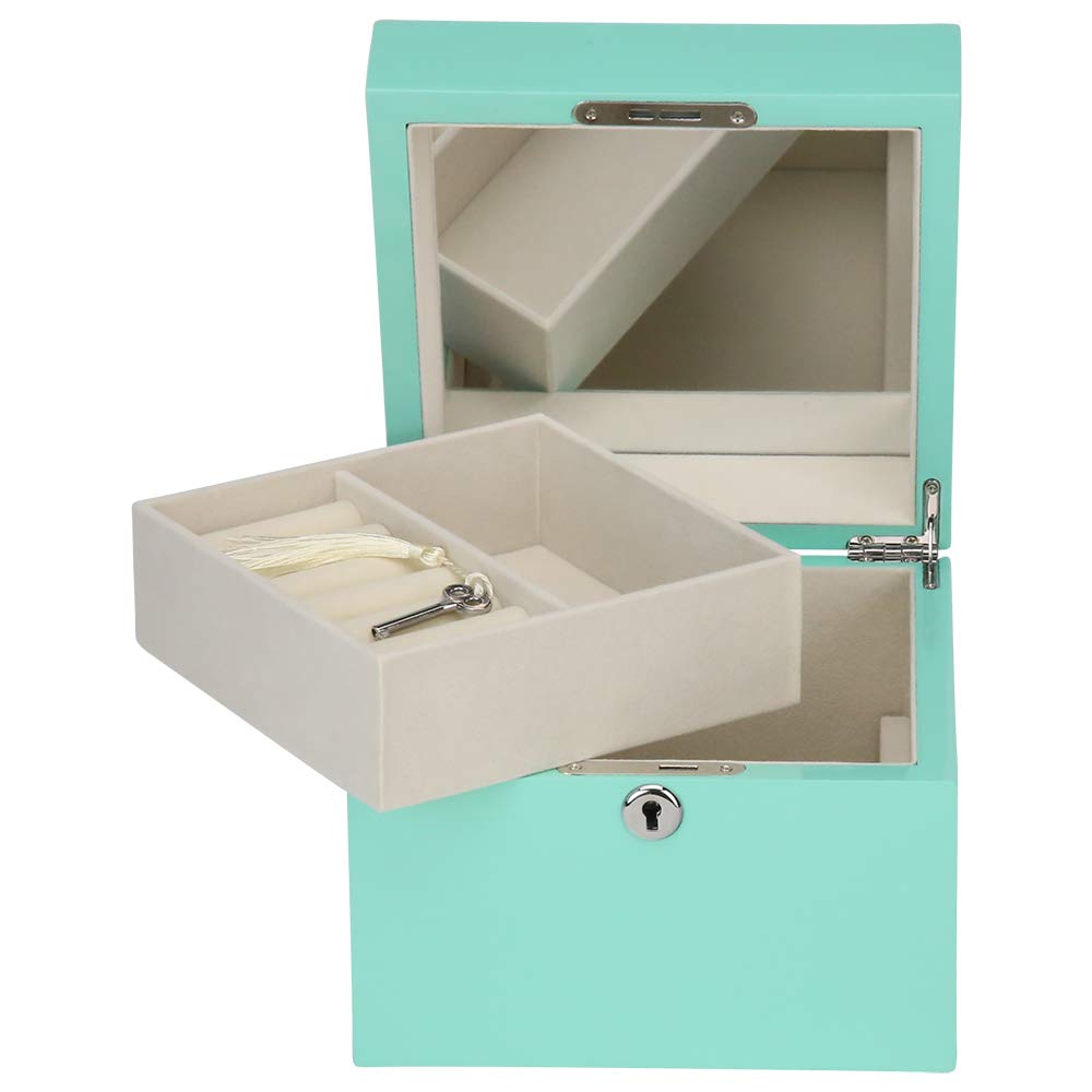 Luxury Wooden Jewelry Box with Key Lock - Glossy Piano Lacquer Finish, Blue Exterior & Beige Velvet Lining - Perfect for Organizing Rings, Necklaces & Earrings - Ideal Gift for Women, Brides & Jewelry Lovers