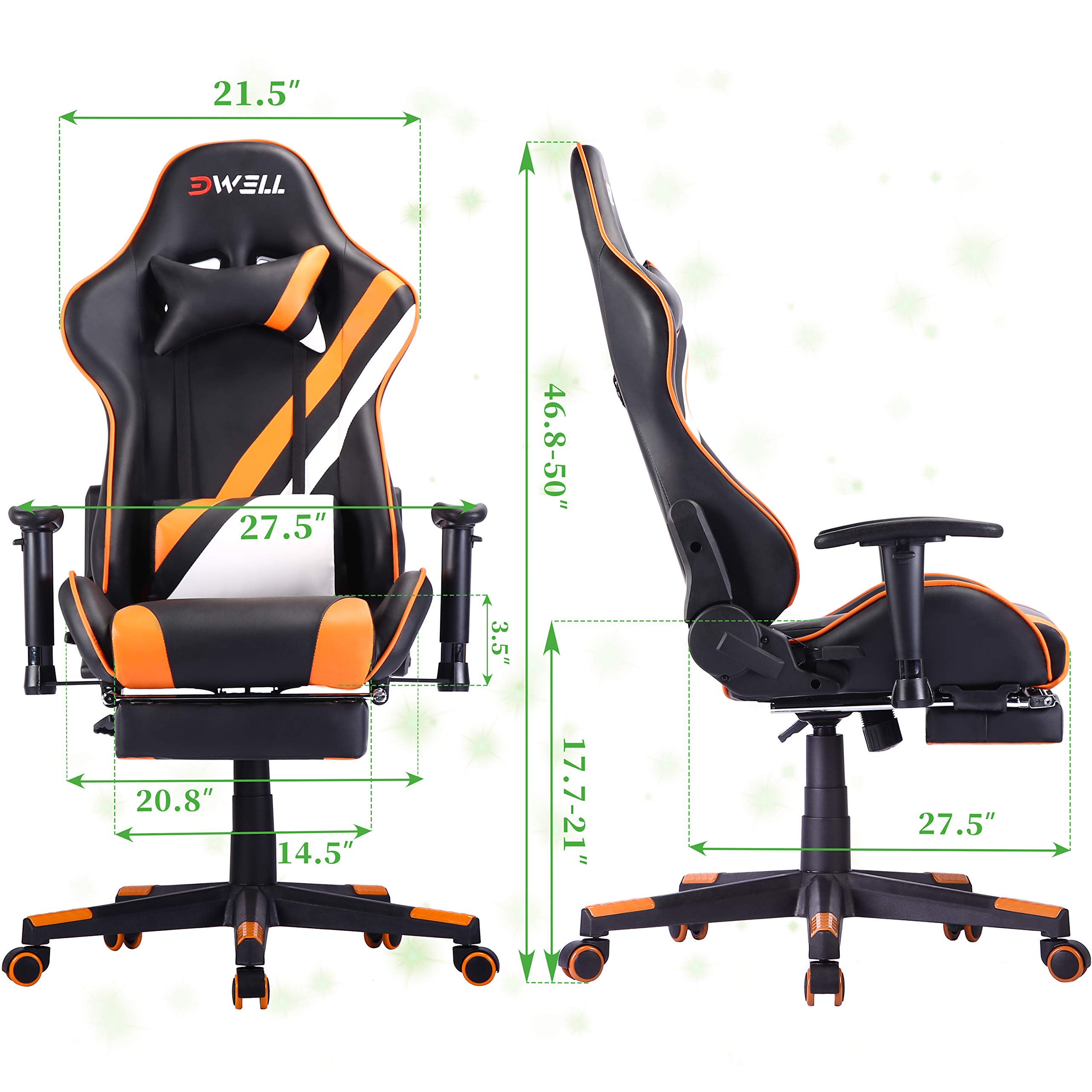 EDWELL Ergonomic Gaming Chair - High Back PU Leather Office Chair with Adjustable Headrest, Lumbar Support & Footrest for Adults - Orange Computer Desk Chair for Gaming, Work & Home Office