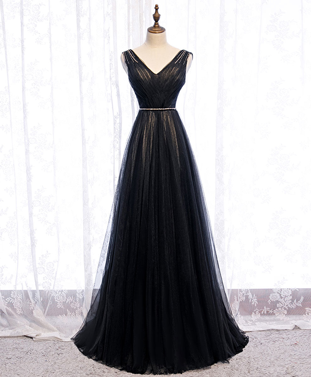 Elegant Black V-Neck Tulle Lace Long Prom Dress for Evening Gala - Perfect for Homecoming, Formal Dances & Special Occasions
