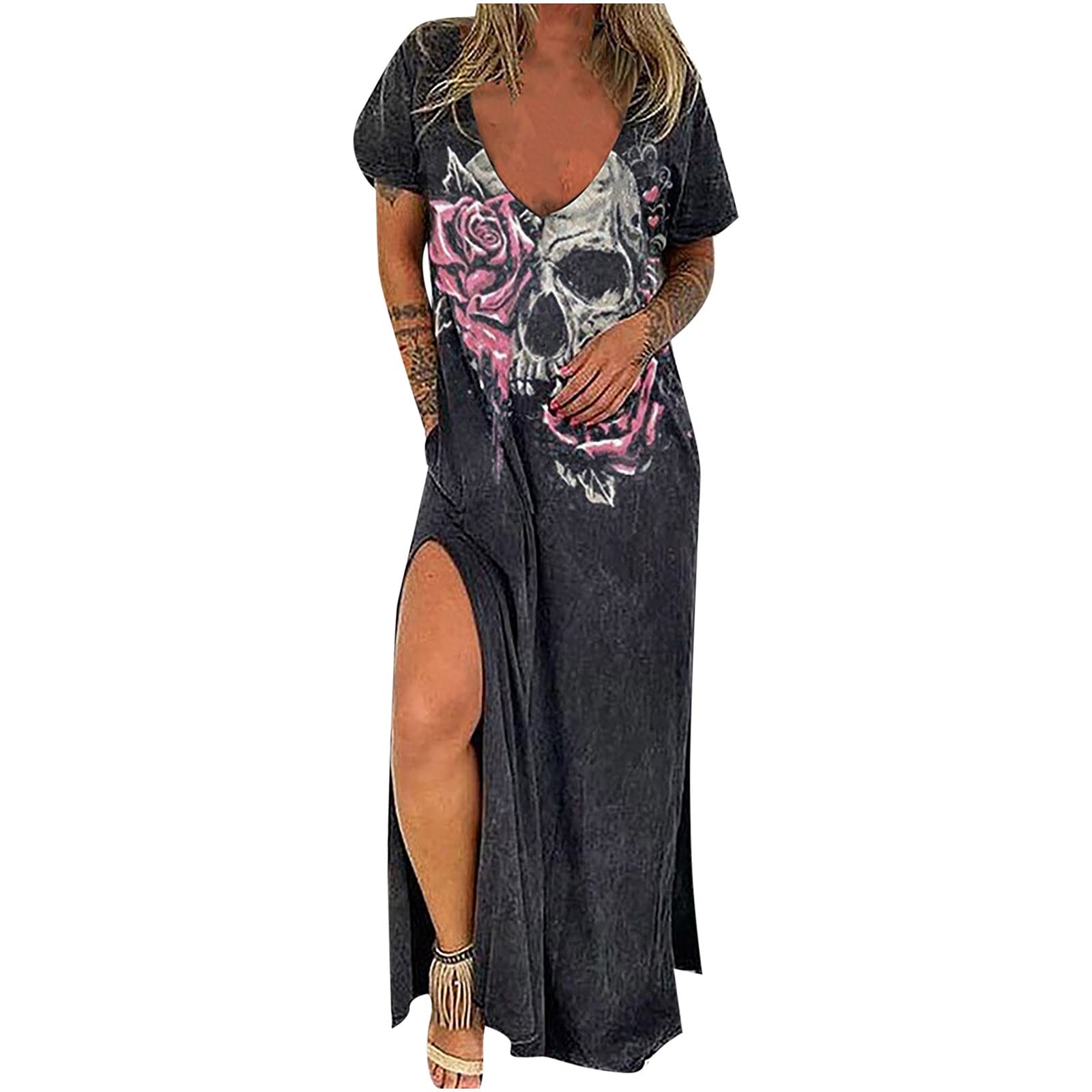 Stylish Women's Summer Skull Print V-Neck Sundress - Short Sleeve Casual Dress with Side Slit | Perfect for Beach Vacations, Music Festivals & Summer Outings