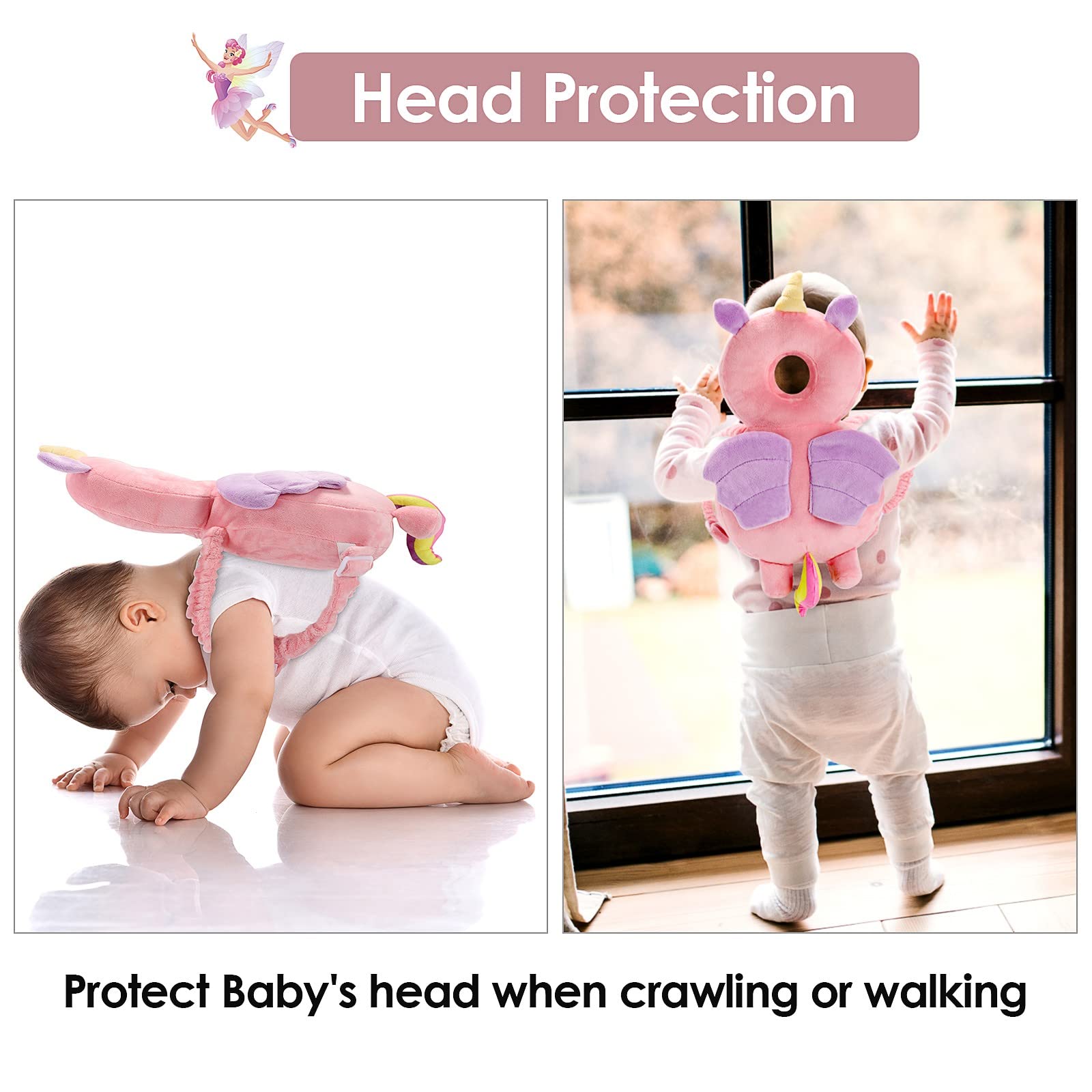 Baby Head Protector Safety Pad - Adjustable Toddler Head Protection for Walking & Crawling | Soft Unicorn Design | Perfect for Home, Daycare & Outdoor Play (Pink)
