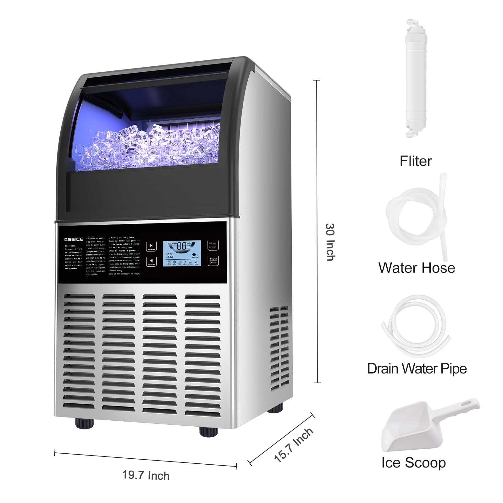 Commercial Ice Maker Machine - 90lbs Stainless Steel Countertop Ice Maker with 30lbs Storage, Freestanding Ice Machine for Restaurants, Bars, Home, RV & Outdoor Use