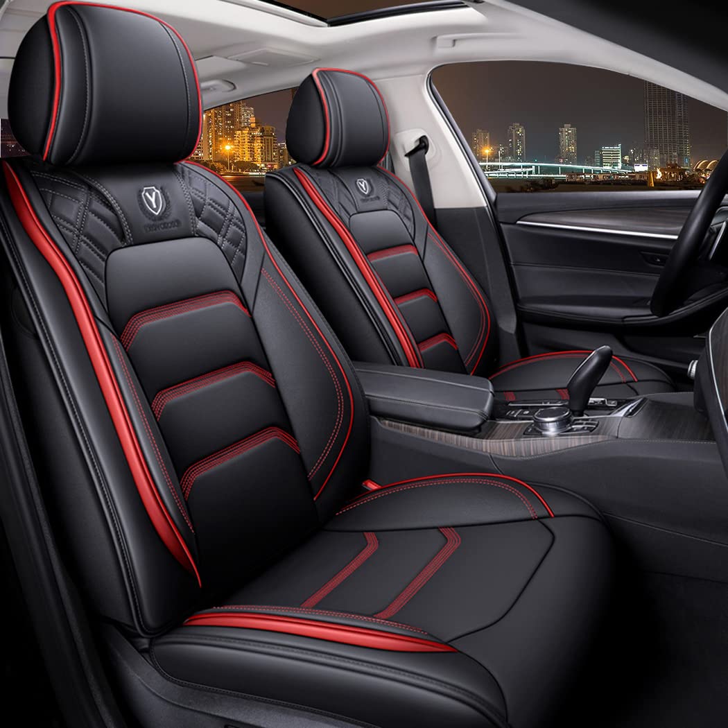 Premium Universal Leather Car Seat Covers Full Set (5 Seats) - Black & Red - Comfortable & Durable for SUVs, Sedans & Trucks - Perfect for Road Trips, Commuting & Family Protection