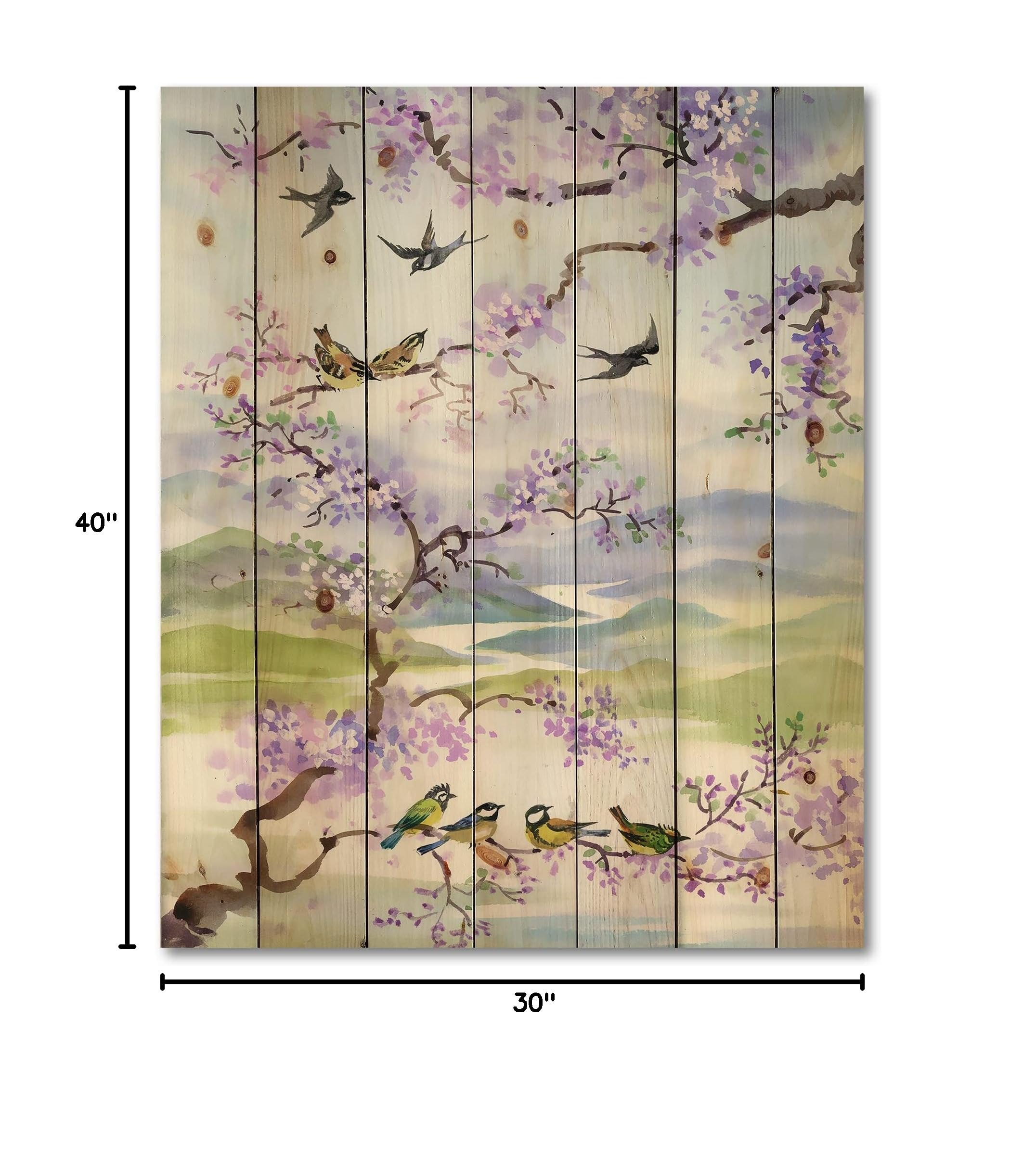 DesignQ Traditional Wood Wall Decor - Purple Cherry Branch Birds & Large Animals Art, Natural Pine Wood Wall Panels for Living Room & Bedroom Decor