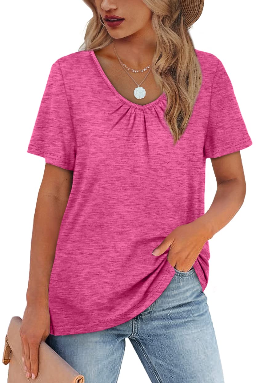 WIHOLL Women's Shirred V-Neck T-Shirt - Short Sleeve Casual Summer Top for Everyday Wear | Perfect for Beach, Shopping & Date Nights