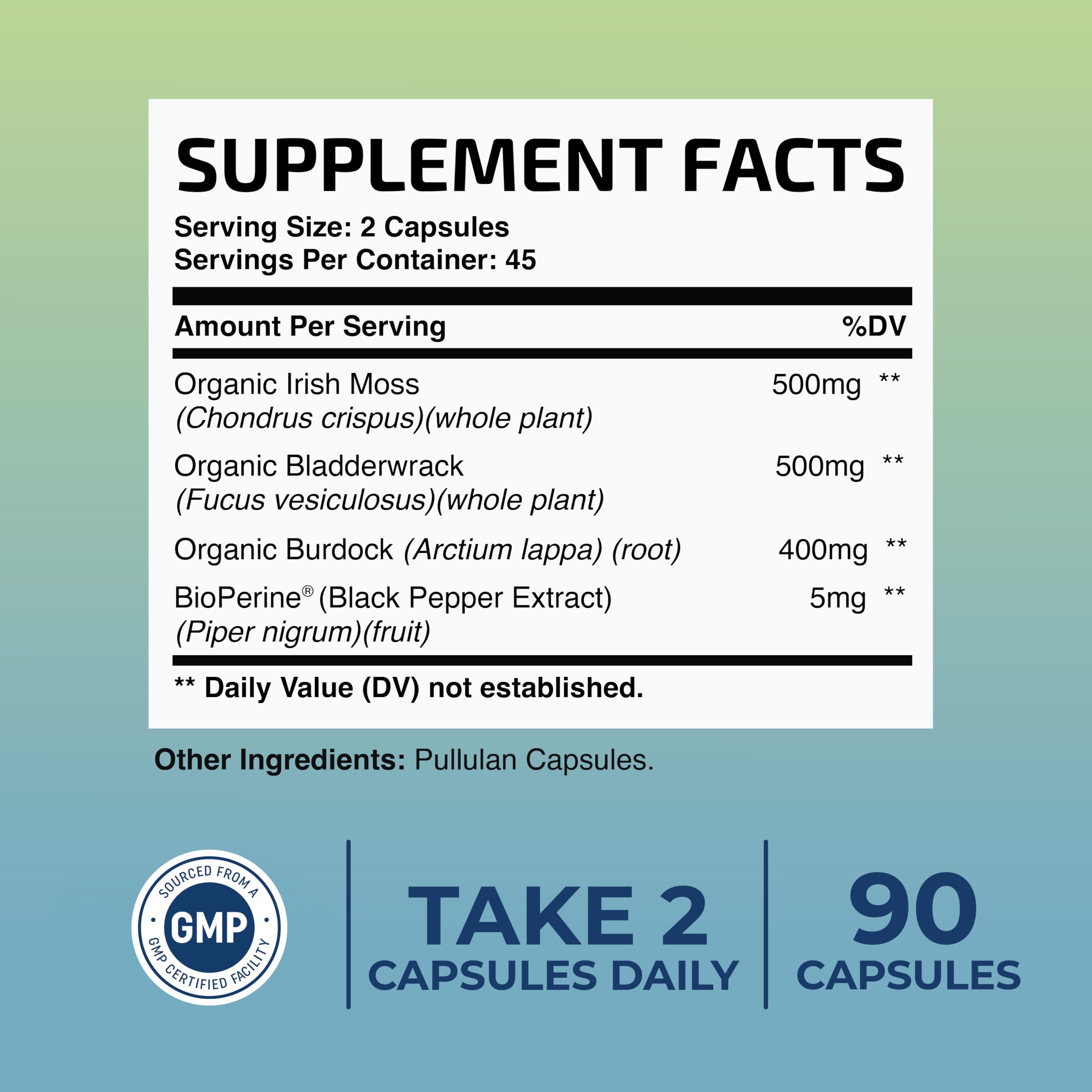 Organic Irish Sea Moss Capsules with Burdock Root & Bladderwrack Powder - 1300mg Thyroid & Immune Support Complex (90 Veggie Pills, 45-Day Supply) | Rich in Iodine for Energy, Metabolism & Detox | Perfect for Daily Wellness & Holistic Health Routines