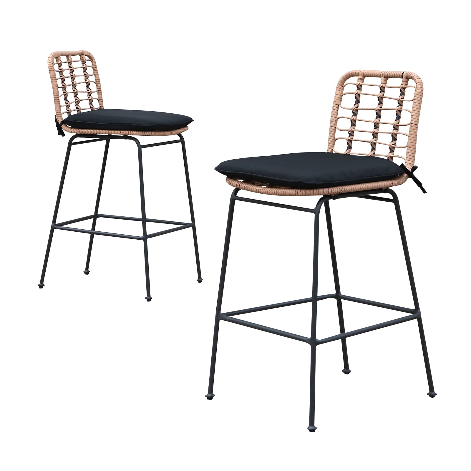 **Patiorama Outdoor Bar Stools Set of 2 – Counter Height Rattan Bar Chairs with Footrest, Hand-Woven Armless Design – Beige & Black Cushion – Perfect for Garden, Pool, Patio, Kitchen, Cafe, and Indoor Use**