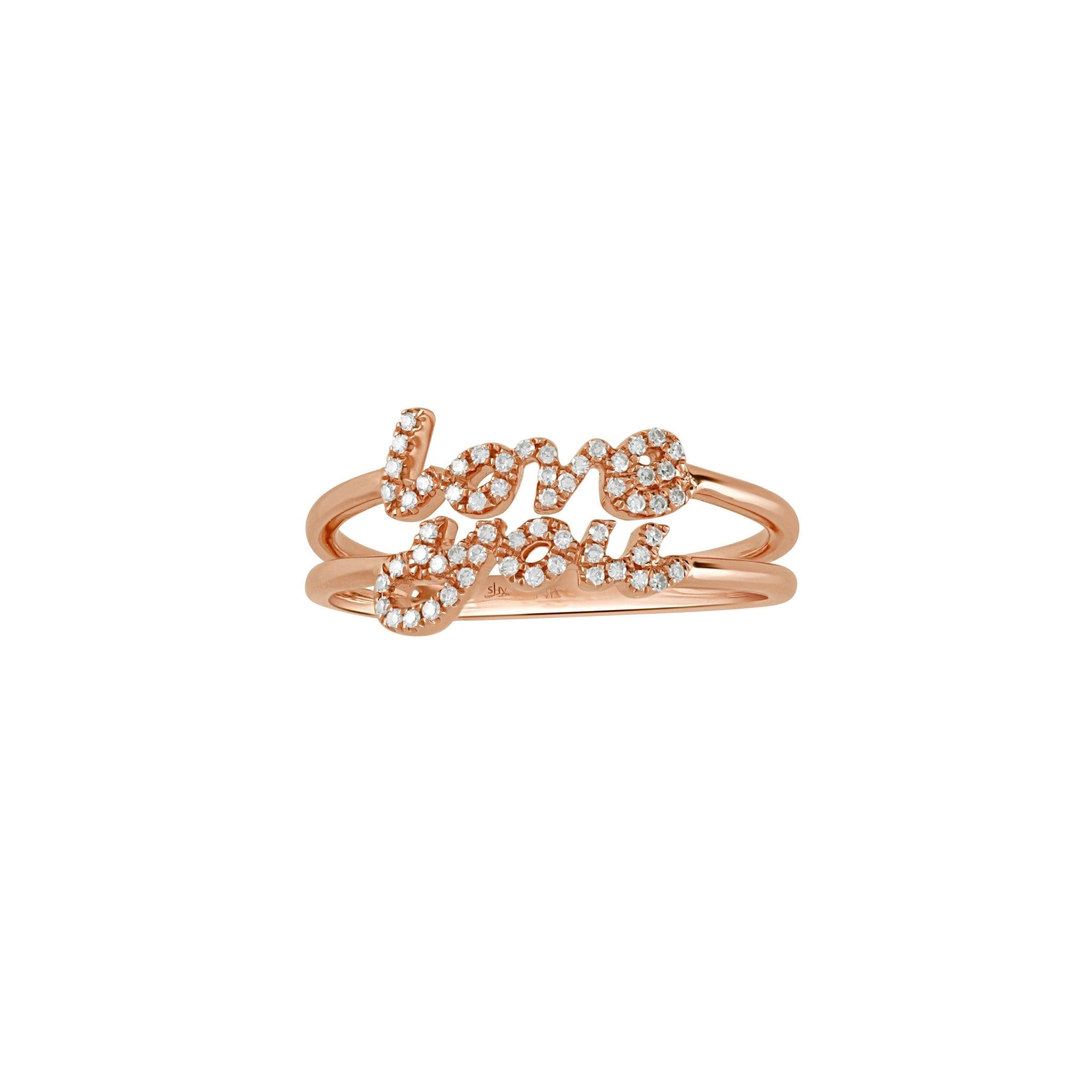 14K Rose Gold Diamond Love You Cursive Ring - Elegant Stackable Band for Anniversary, Wedding & Romantic Gifts