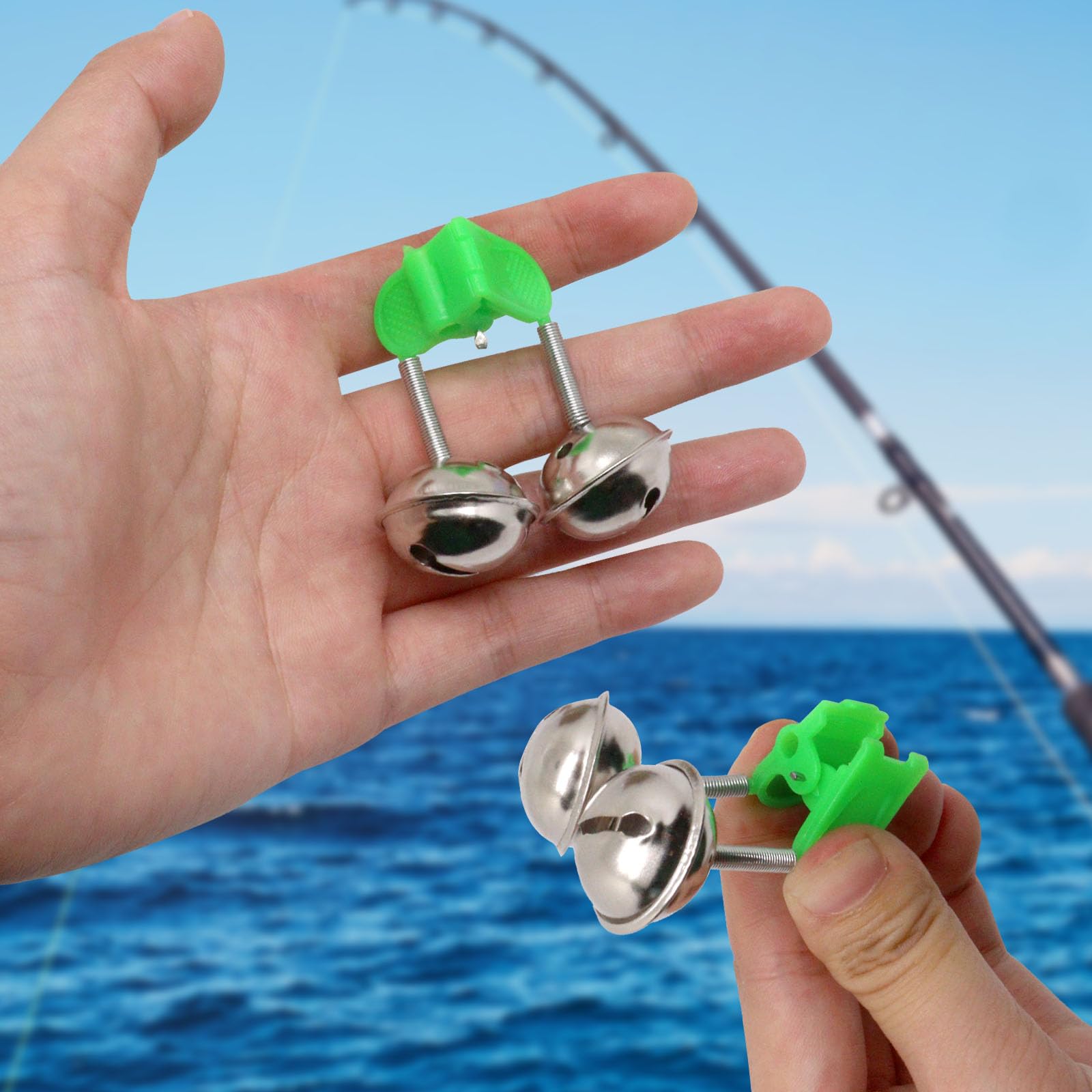 20pcs Fishing Bells with Dual Alarm - Clip on Fishing Rod Alert System for Freshwater & Saltwater Angling - Green Fishing Gear Accessories for Bass, Catfish & Trout Fishing (Great for Night Fishing & Ice Fishing)