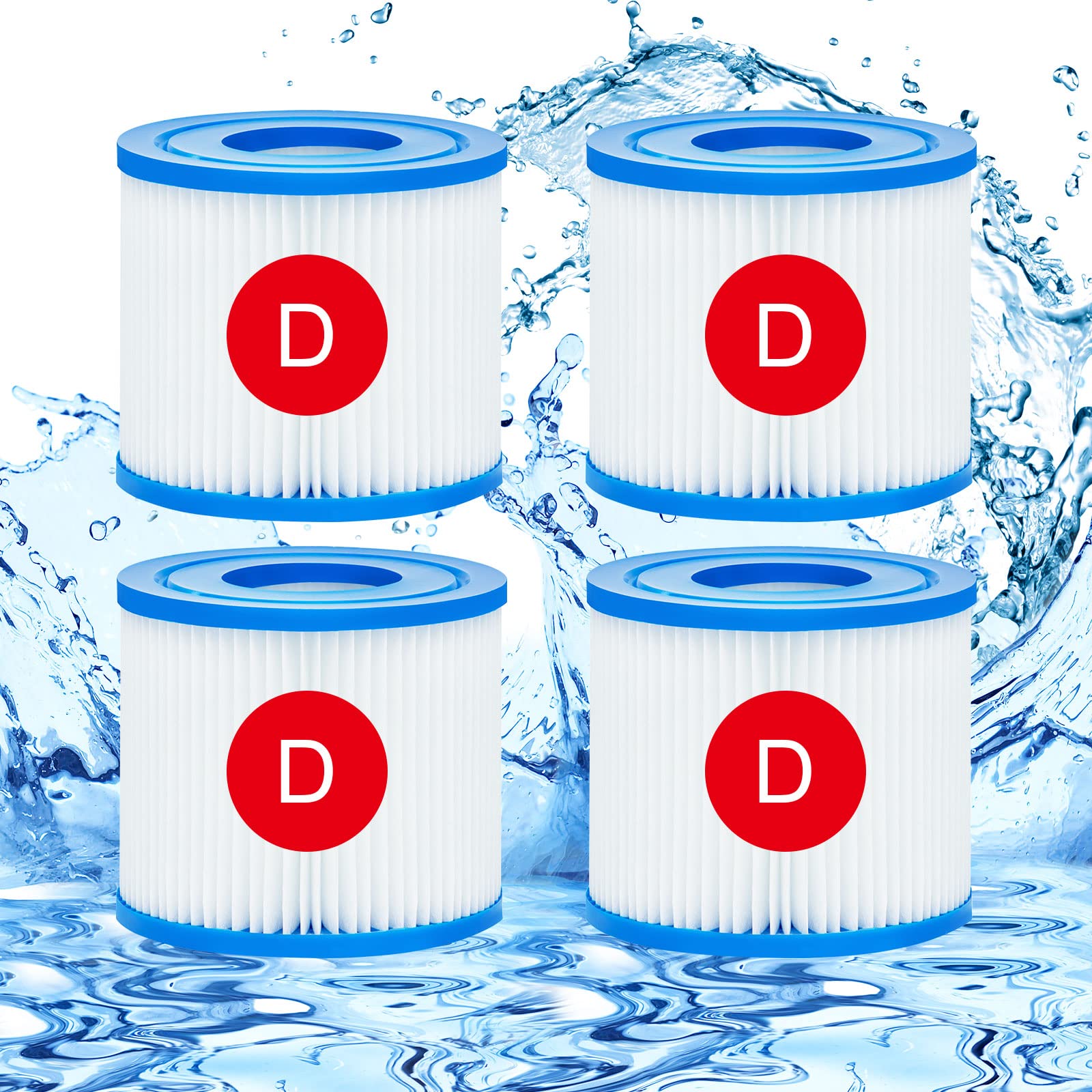 NCUUBR Type D Pool Filter Cartridge for Above Ground Pools - 4 Pack Replacement for Summer Waves, Intex, rx600 - Easy to Install - Perfect for Backyard, Inflatable, and Family Swimming Pools