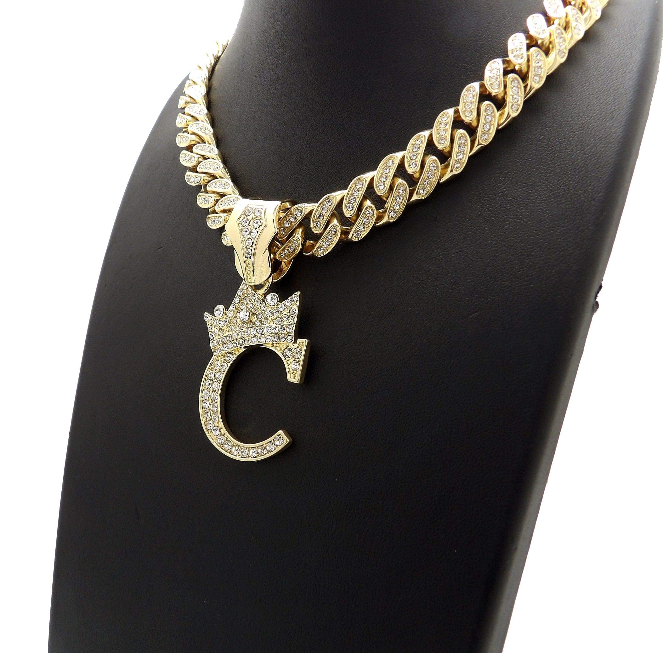 NYFASHION101 Iced Out Miami Cuban Chain Necklace with 12mm Stone Stud Crowned Initial Pendant - Perfect for Hip Hop Jewelry, Streetwear Fashion & Gift Giving