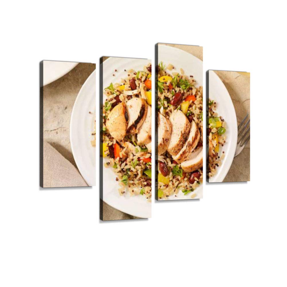 Grilled Chicken with Quinoa and Brown Rice Salad Canvas Wall Art - Modern Abstract 4 Panel Framed Painting for Home Decor | Unique Gift Idea for Kitchen & Dining Room Wall Decor