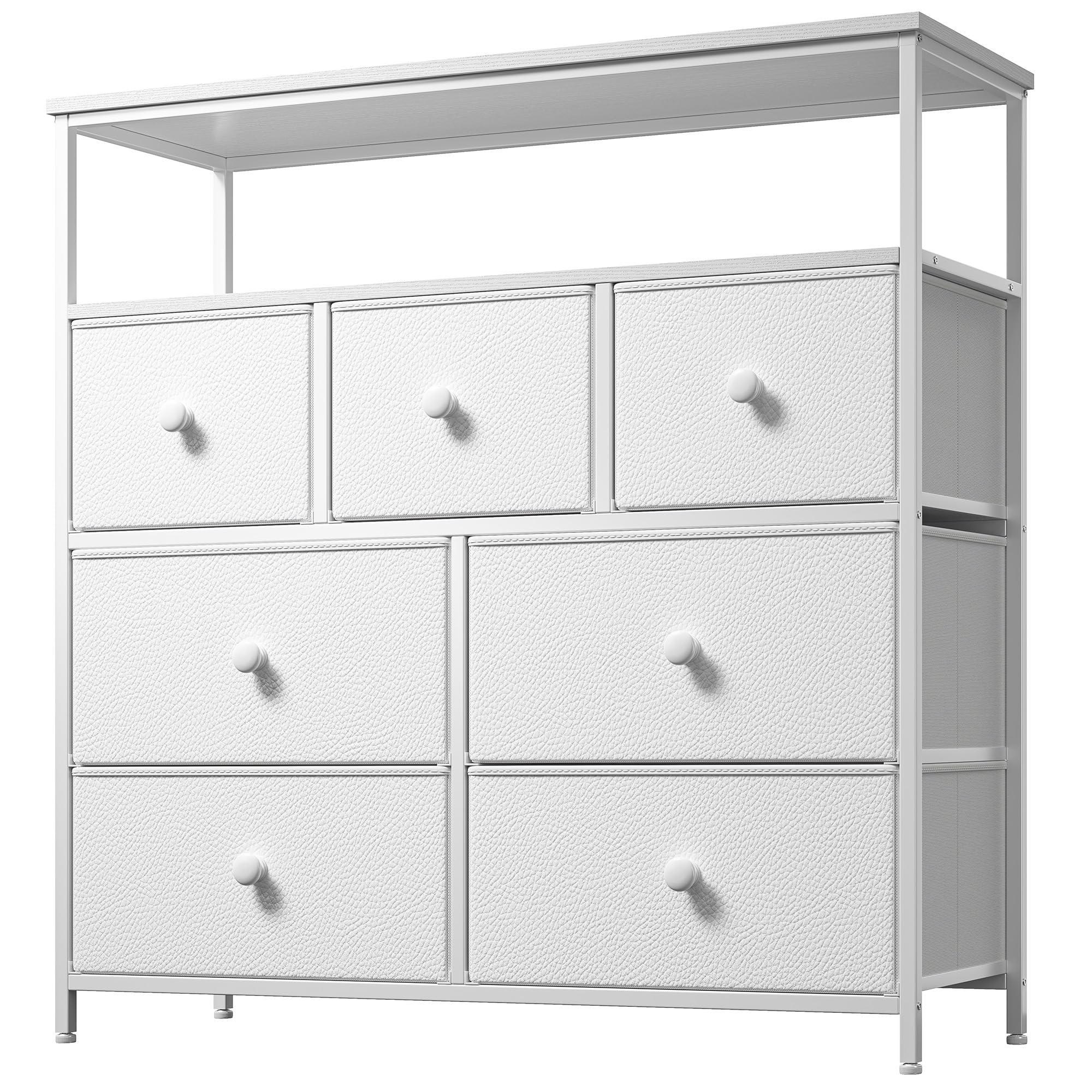 7-Drawer White Dresser with 2 Shelves & Wooden Top - Tall Bedroom Storage Cabinet, TV Stand & Closet Organizer - Sturdy Metal Frame Chest of Drawers for Home, Office, or Dorm Room Organization