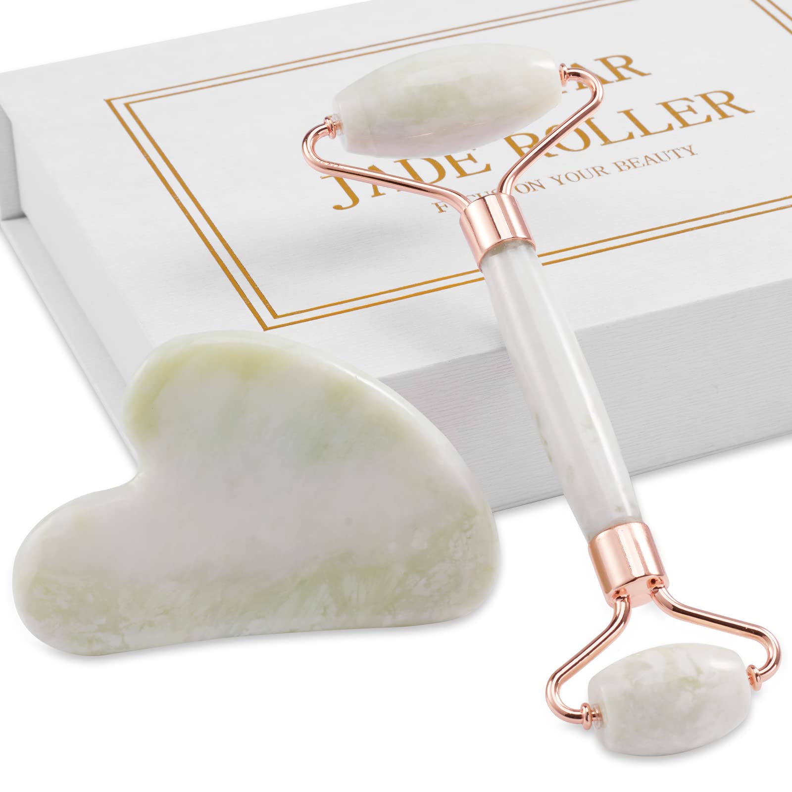 Jade Roller & Gua Sha Set for Face & Neck Care - Reduce Puffiness & Relax Skin - Perfect for Skincare Routine