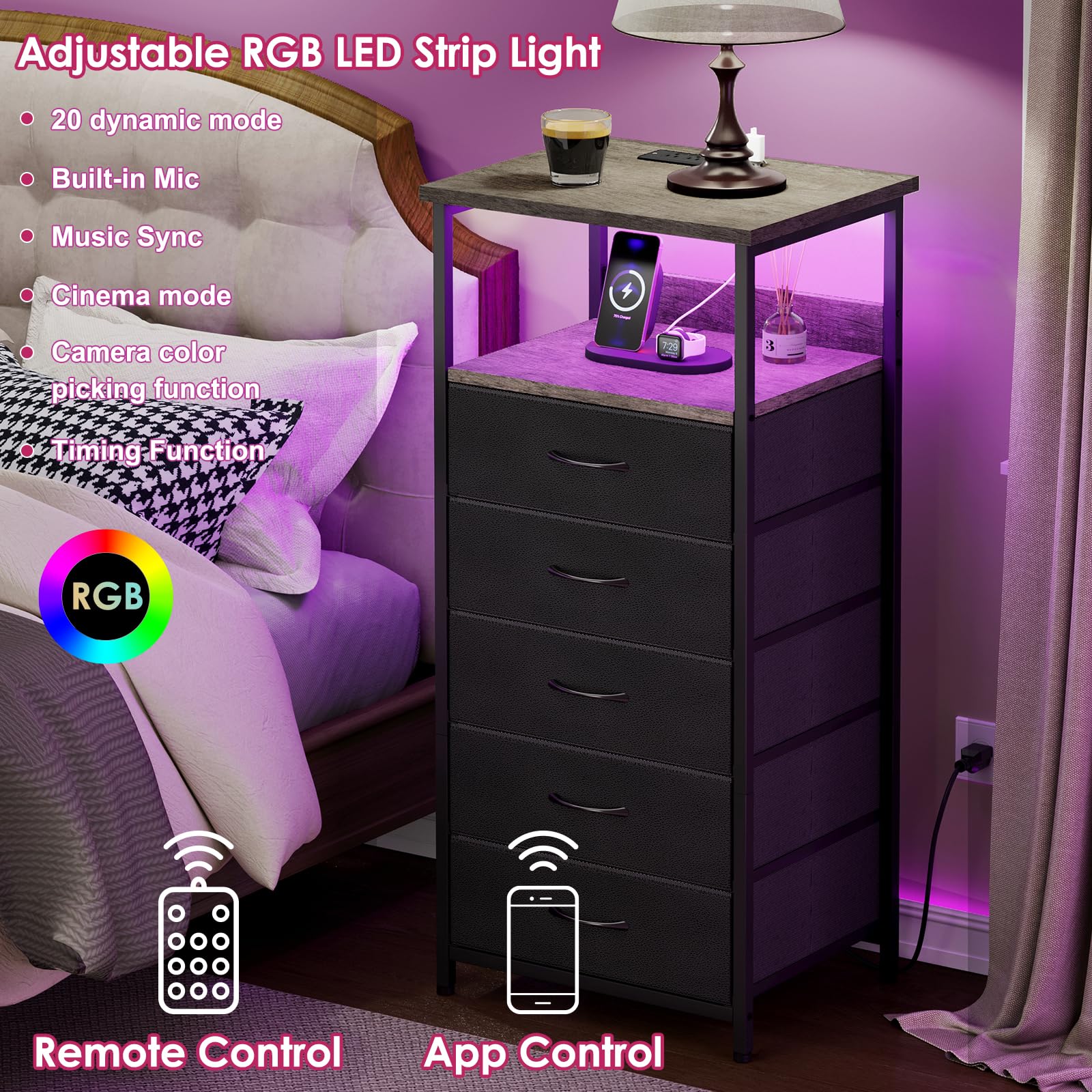 Fixwal Tall Nightstand with USB Charging Station & LED Lights - 5-Drawer Fabric Storage Dresser with PU Finish (Greige) - Perfect for Bedroom, Living Room & Dorm Organization